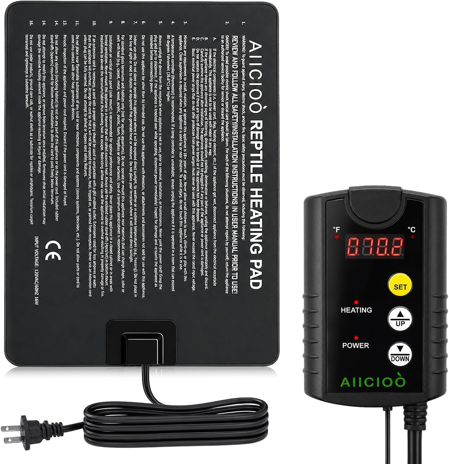 Aiicioo Under Tank Heater Thermostat - Reptile Heating Pad with Temperature Control Reptile Heat Mat for Combo Set for Hermit Crab Lizard Terrarium 16W