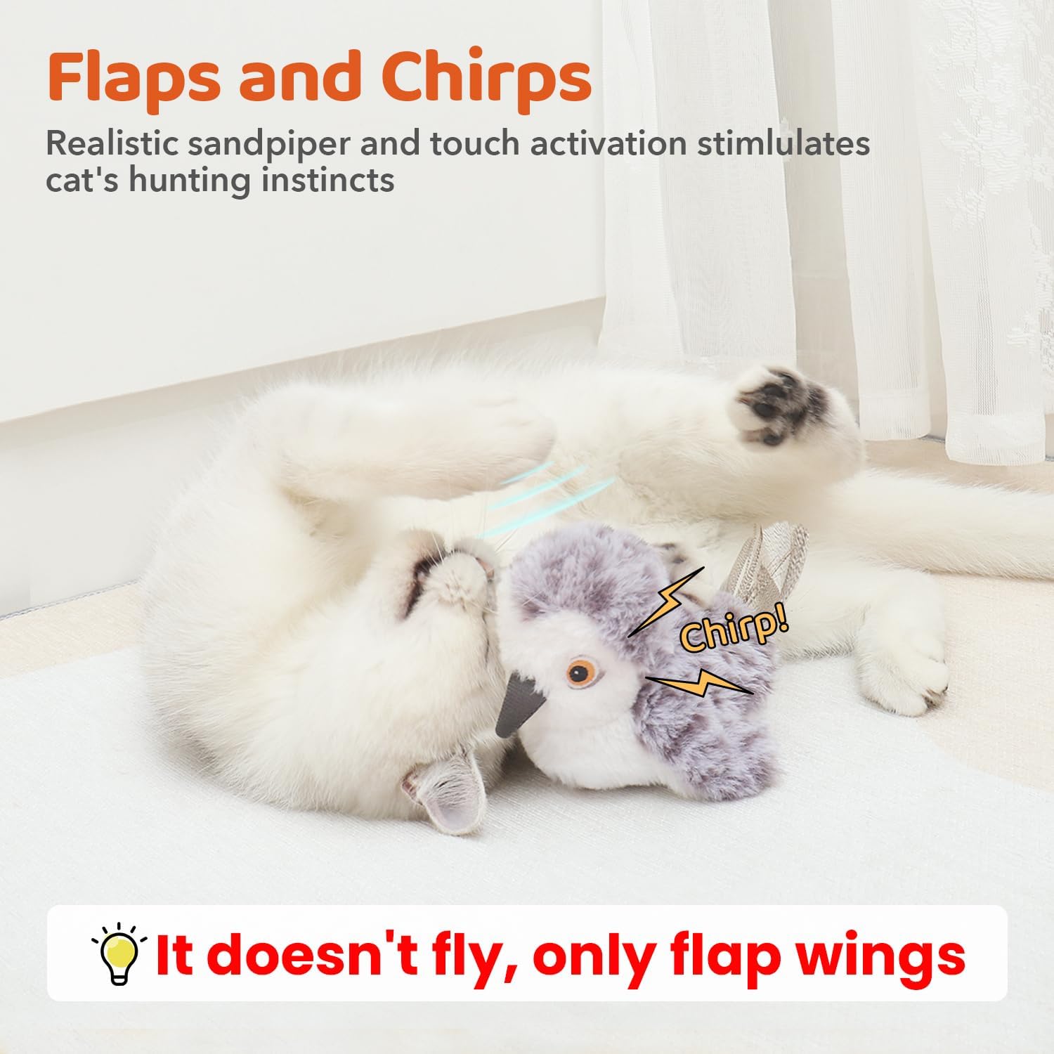 Potaroma Cat Toys Flapping Bird (No Flying), Lifelike Sandpiper Chirp Tweet, Rechargeable Touch Activated Kitten Toy Interactive Cat Exercise Toys for All Breeds Cat Kicker Catnip Toys 4.0" | Lifelike Sandpiper Chirp, Touch Activated, Rechargeable Kitten Kitty Exercise Catnip Kicker for All Breeds 4.0 Inches - Image 2