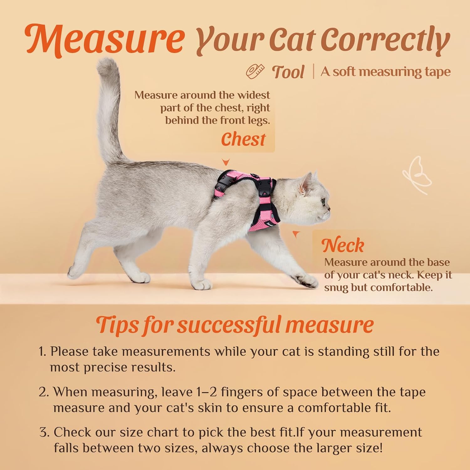 Dooradar Cat Harness and Leash Set with Neck Release Buckle, Pink | Escape Proof, 3 Easy-on Buckles, Smooth & Lockable Adjustment, Soft Air Mesh, Reflective, for Small to Average Cat Walks, S - Image 2