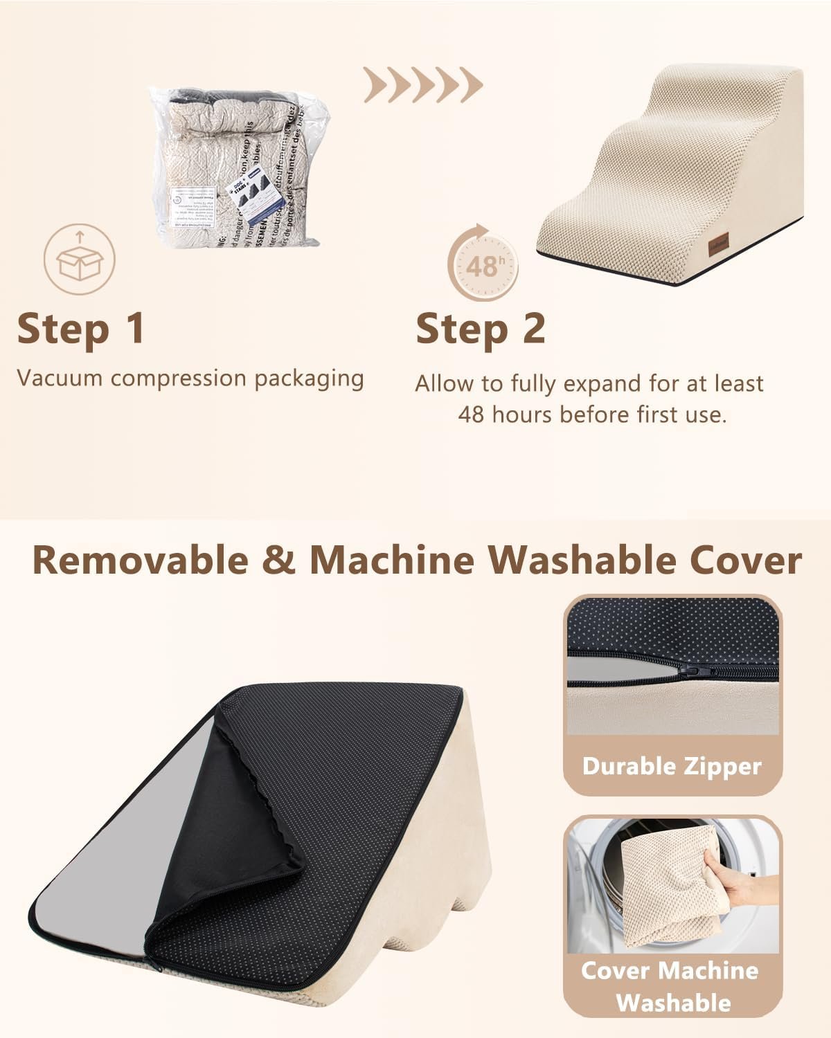 Aodisman Dog Stairs for Small Dogs,3 Step Dog Ramp for Couch,Non-Slip Steps | Pet stairs help small dogs, old cats, and puppies reach couches and chairs easily, durable indoor dog steps,15.4" H,Beige - Image 4