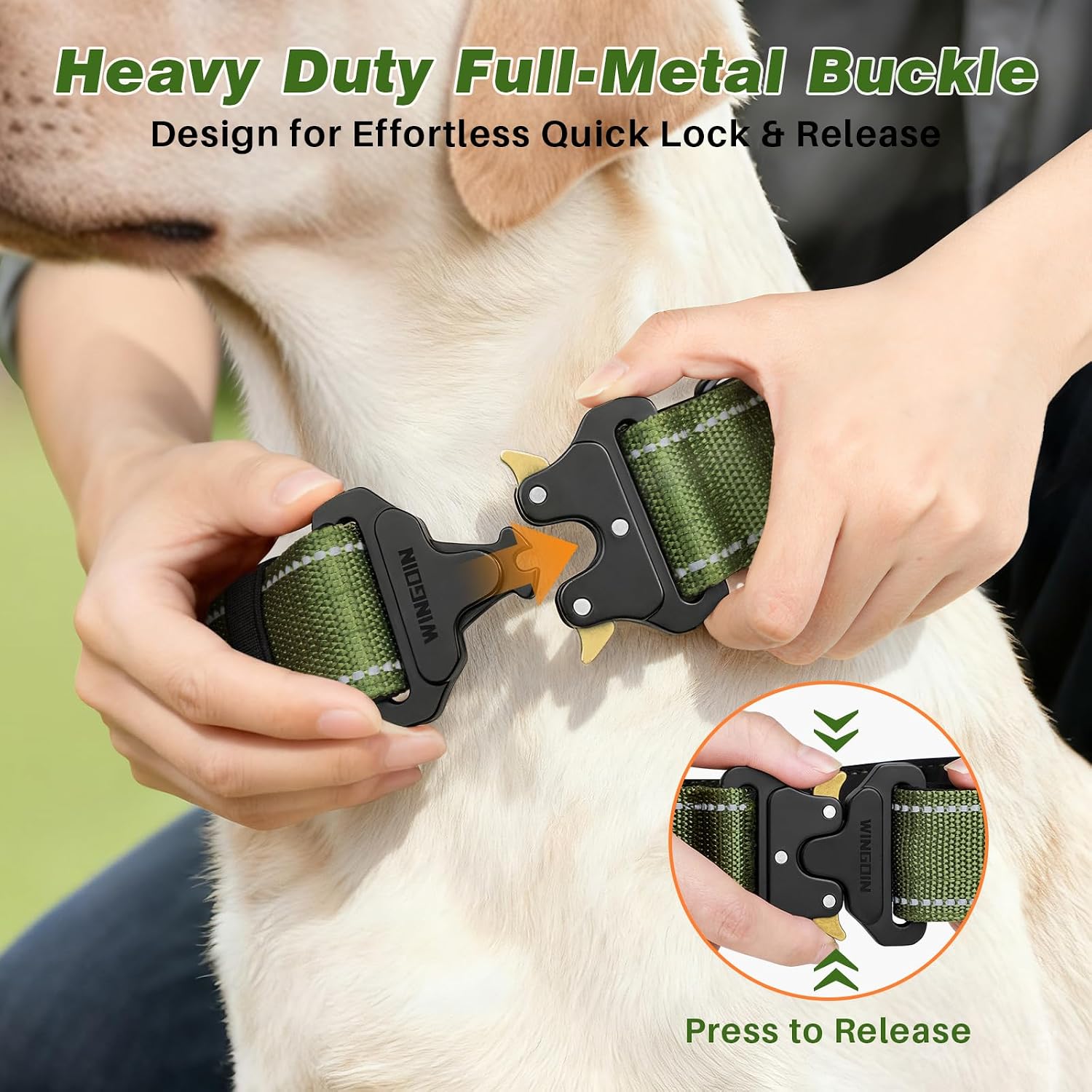 WINGOIN Tactical Dog Collars for Medium and Large Dogs, Reflective Collar | Heavy Duty Collar Matching Leash & Harness | Quick Release | AirTag Holder | Padded Nylon | Green | Training Hunting Walking - Image 5