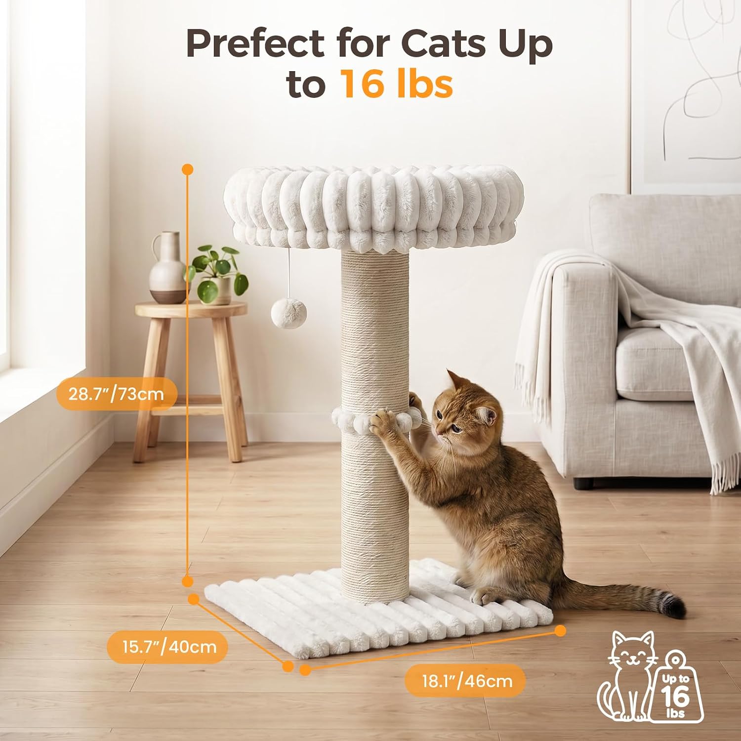 Avont 29" Sisal Cat Scratching Post with Large Plush Perch, Cream | Large Cat Scratcher Tower & Plush Elevated Cat Bed with Removable & Washable Cover, Sturdy Cat Perch for Indoor Cats - Image 3