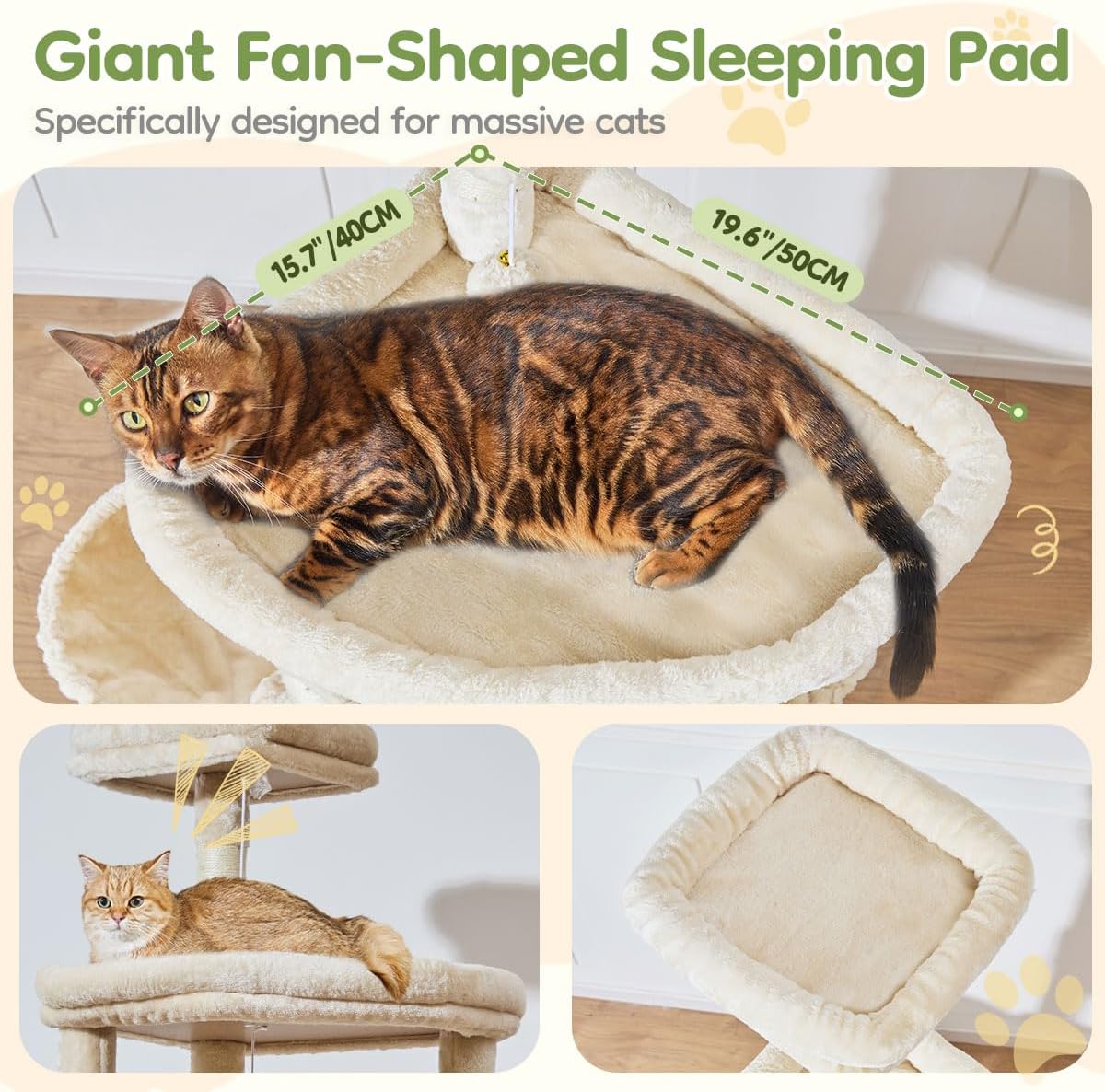 Taoqimiao 72 Inches Cat Tree for Large Cats, Multi-Level Tall Cat Tower, Widened Cat Condo with Large Scratch Board, 5 Scratching Posts, Metal Hammcock, Cozy Basket, Beige, MS045M - Image 3