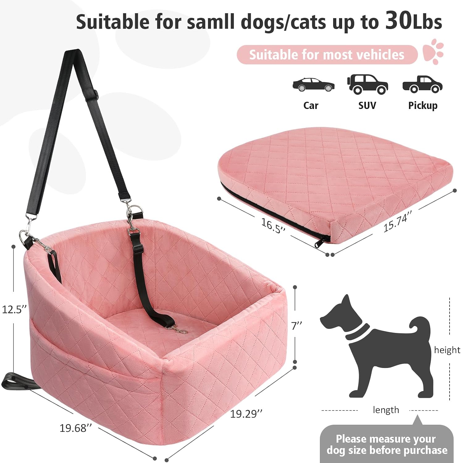 NEEZUKAR Dog Car Seat for Small Medium Dogs,Detachable Washable Dog Booster Seat Under 30lbs, Pet Car Seats Travel Bed with Storage Pockets and Safety Belt(Pink) - Image 2