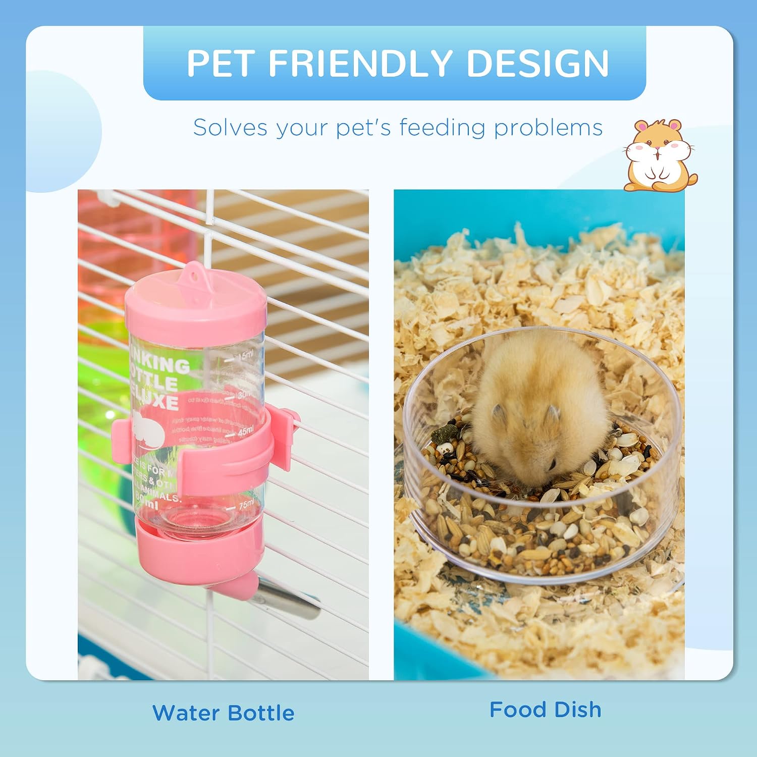 PawHut Extra Large 23" Hamster Cage with Tubes and Tunnels, Portable Carry Handles, Rat House and Habitats Big 5-Tier Design, Mouse Cage Includes Exercise Wheel, Water Bottle, Food Dish, Light Blue - Image 4