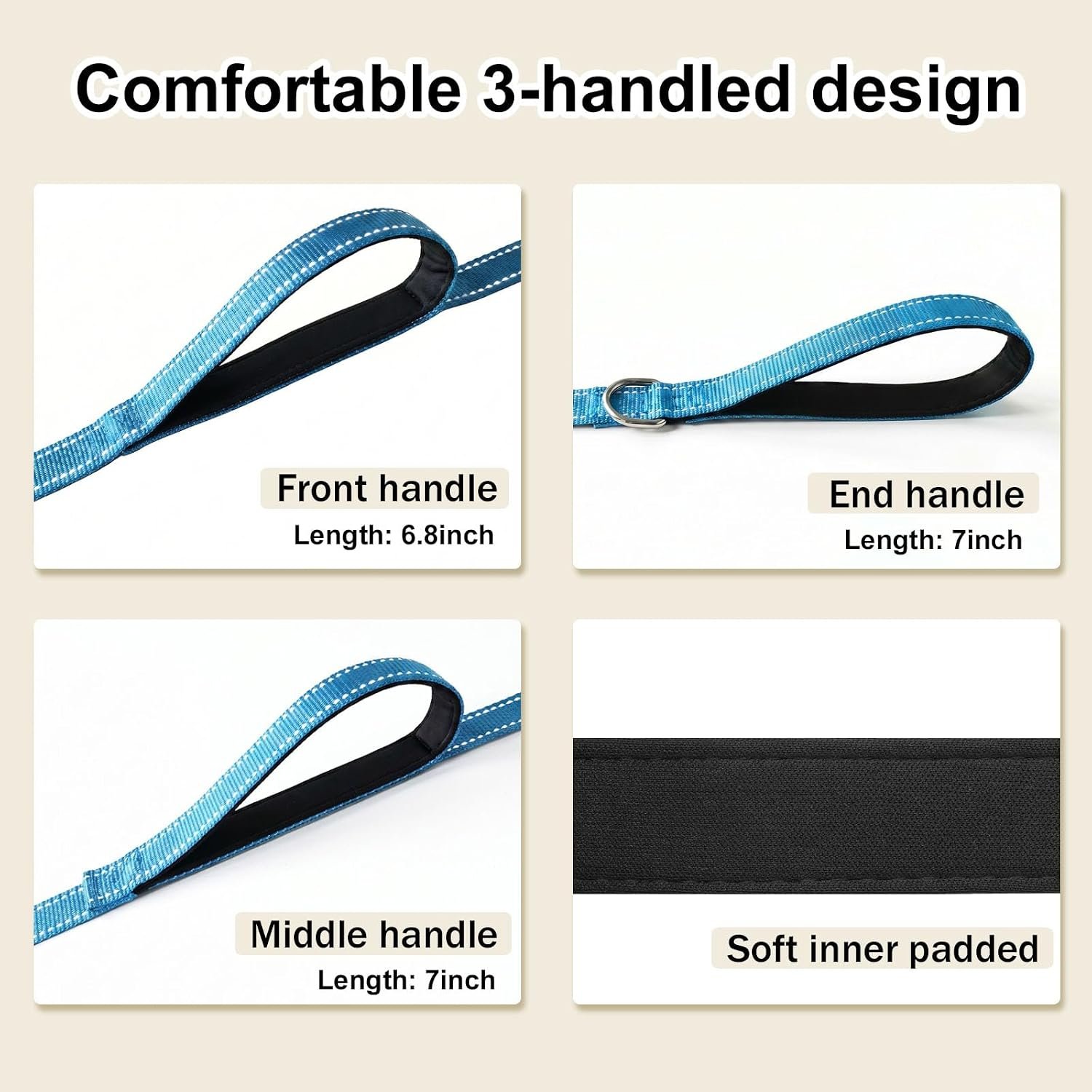Triple Handle 10 ft Dog Leash with Padded Traffic Handles, Heavy Duty Reflective Walking Lead for Training Control, Strong Nylon Leashes for Medium Large Breed Dogs (Light Blue) - Image 5