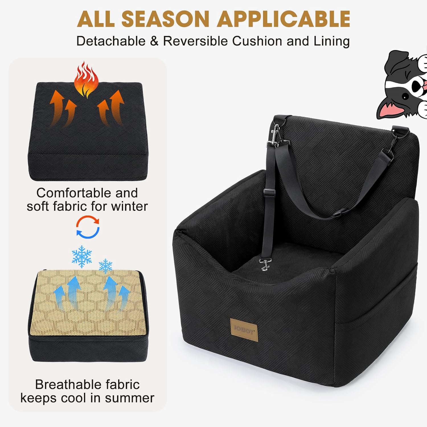 JOEJOY Dog Car Seats for Small Medium Dogs Under 35lbs, Dog Booster Seat with Detachable Washable Cover and Cushion, Memory Foam Pet Car Seat with Safety Belt and Storage Pockets (Black) - Image 3