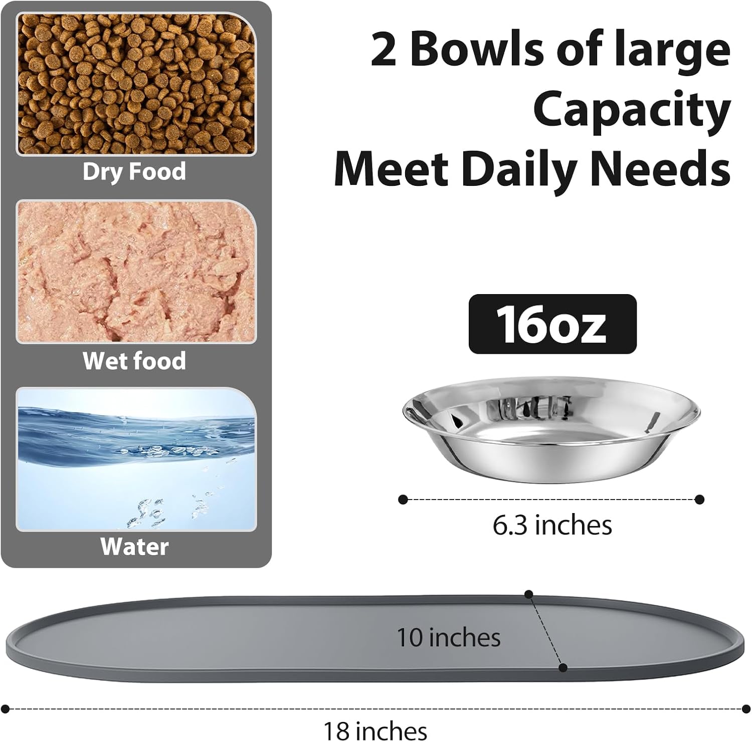 3-Pack Cat Bowls with Food Mat,6.3 Inches Stainless Steel Cat Food Bowl,Wide Tapered Design Whisker-Friendly Food and Water Bowl for Feeding Dogs and Cats,Dishwasher Safe,SUS 316 - Image 7