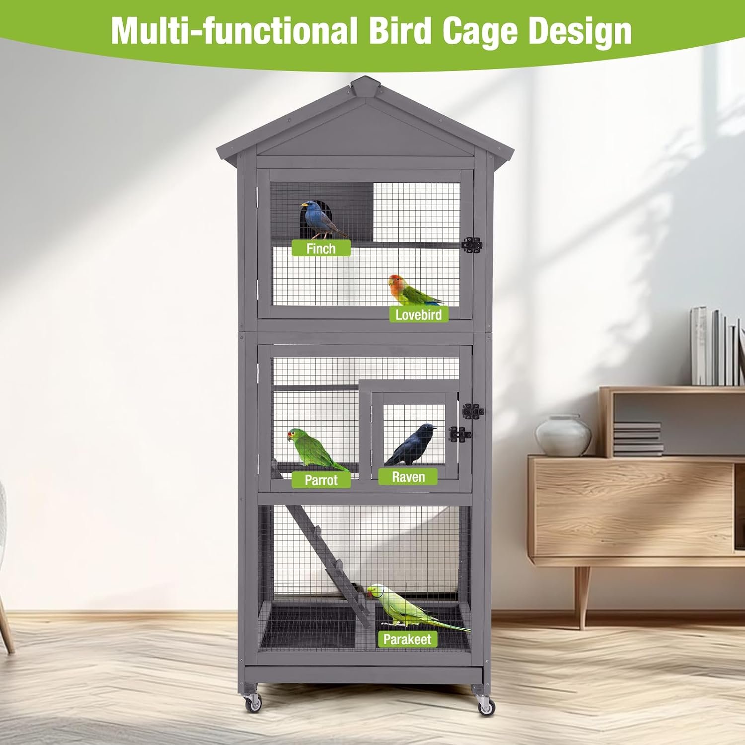 GUTINNEEN Large Bird Cage Outdoor Wooden Aviary Indoor on Wheels, with Play Stand, Perches, Nest Habitat & Wire Mesh Tray for Easy Cleaning - Image 7