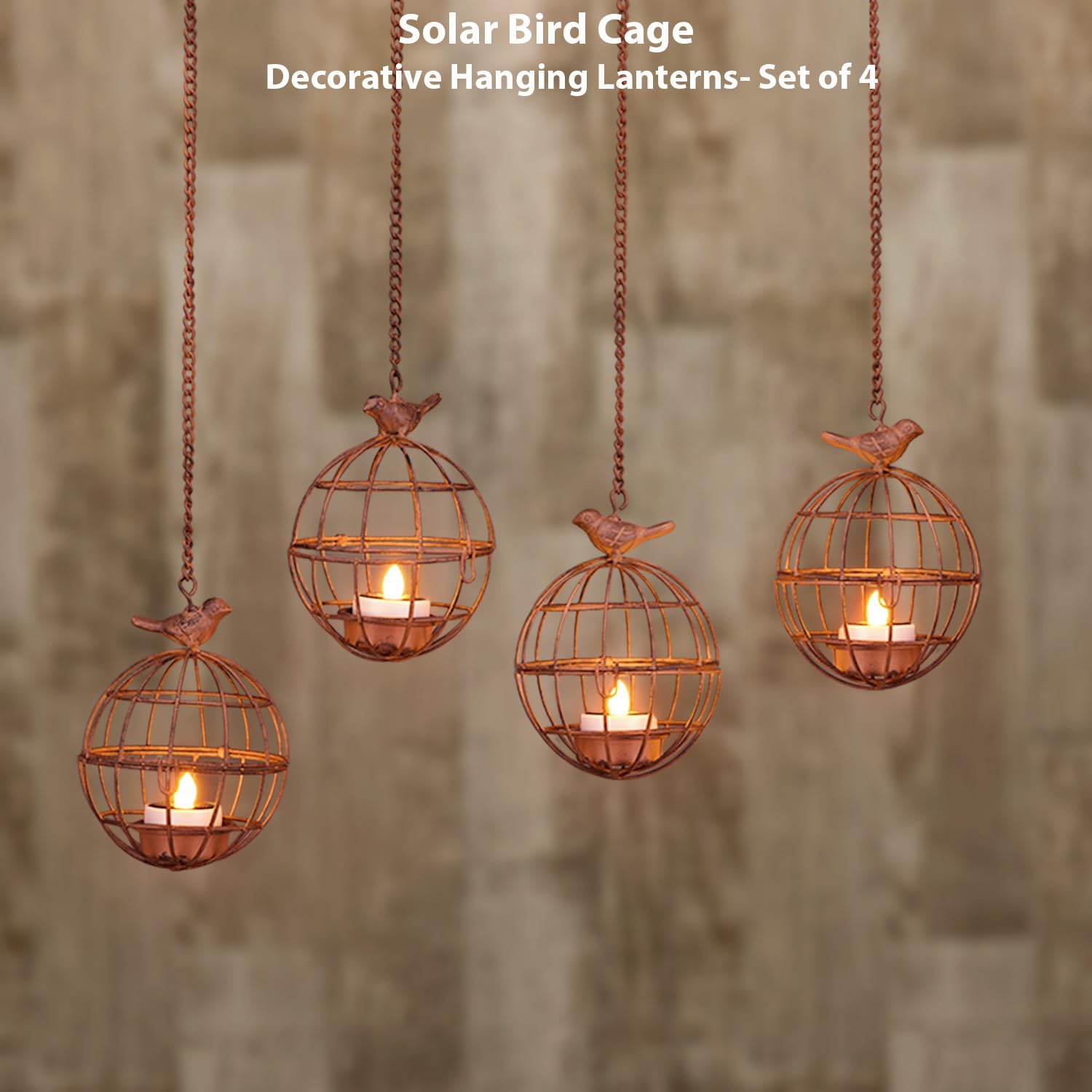 Outdoor Solar Hanging Lantern Lights, 4 Pack Rustic Ball Birdcage Hanging Candle Holder with Solar Tea Lights, Outdoor Waterproof Decorations for Patio, Backyard, Pergola, Tree Decor (Dark Orange) - Image 7