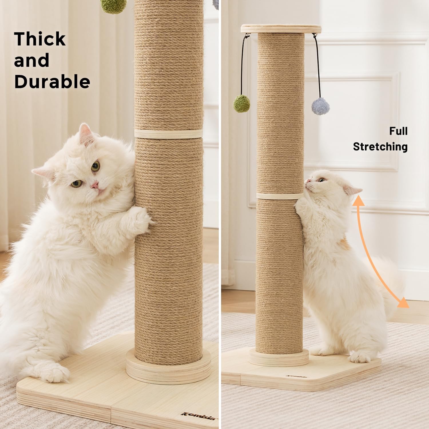 ZOMISIA 35'' Tall Cat Scratching Post for Indoor Cats Adults | 4.7'' Large Scratch Post, Thicken Wooden Base, Sisal Scratcher Top & Dangling Balls, Super Sturdy - Image 6