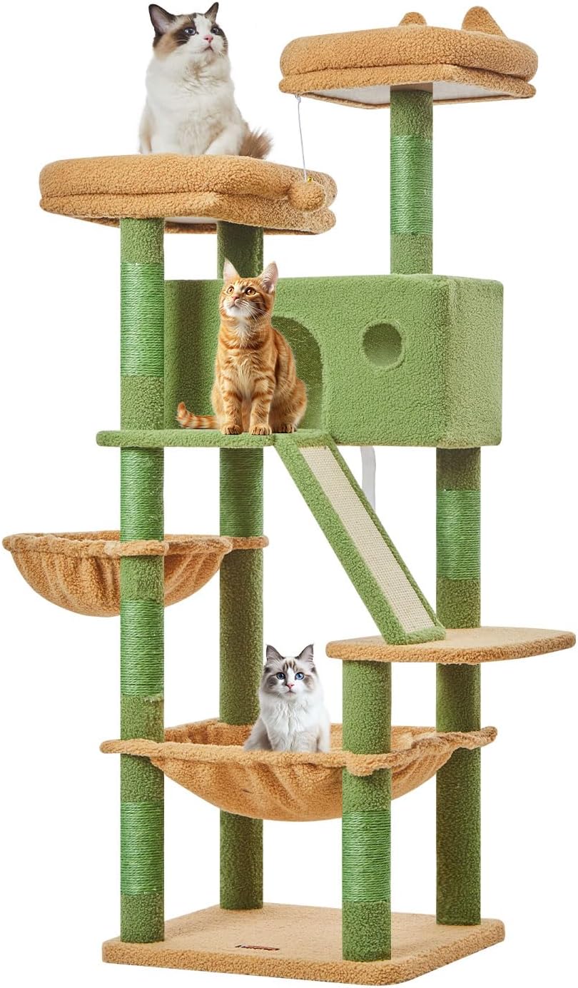 Taoqimiao Cactus Cat Tree, 58In Cat Tower for Indoor Cats Large Adult | Spacious Cat Condo, 2 Cute Perches, Metal Frame Cozy Hammock, Durable Scratch Board, 8 Natural Sisal Posts, Basket, MSC026 - Image 8