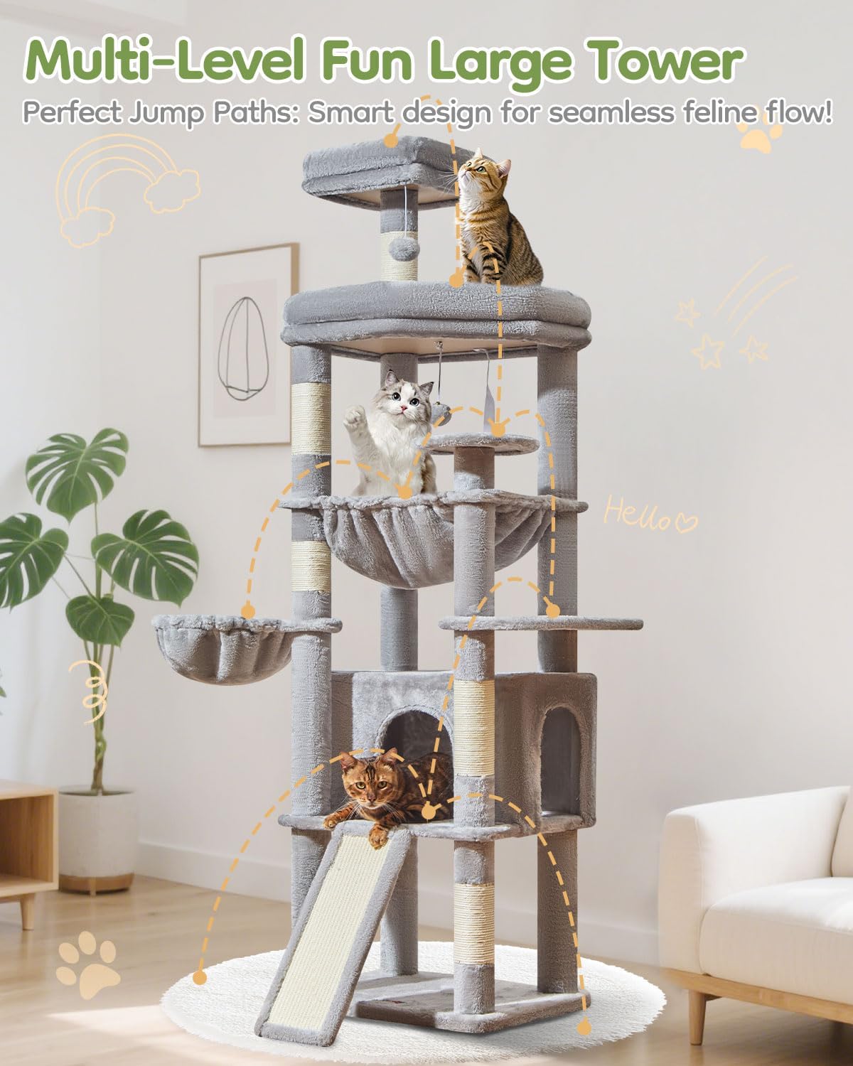 Taoqimiao 72 Inches Cat Tree for Large Cats, Multi-Level Tall Cat Tower, Widened Cat Condo with Large Scratch Board, 5 Scratching Posts, Metal Hammcock, Cozy Basket, Light Gray, MS045W - Image 9