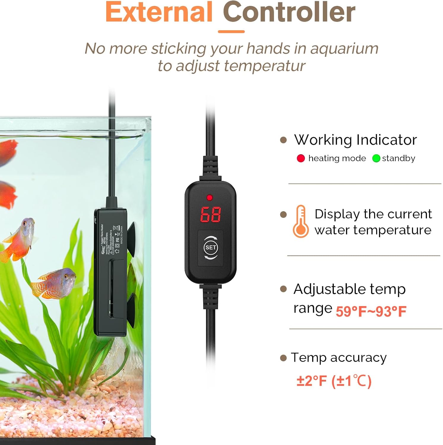 hygger Mini Fish Tank Submersible Heater 50W for 5-10 Gallons Small Betta Aquarium Heater with Digital Display Controller Adjustable Temperature - Image 3