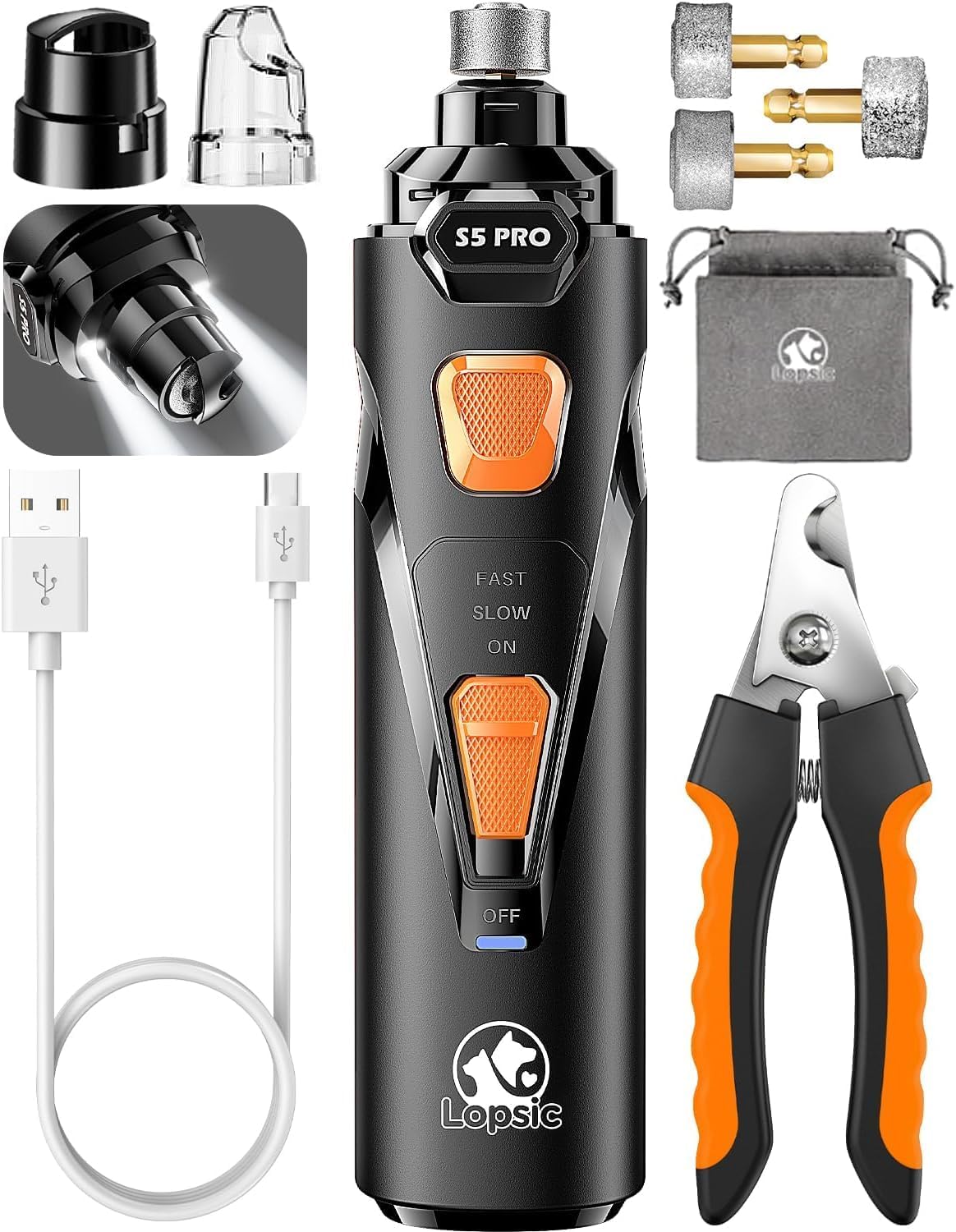 Whisper Quiet Dog Nail Grinder Safe & Stress-Free for Sensitive Dogs Cats | 4 LED Lights,3 Grinding Bits, 3-Speed, Pet Nail Trimmers, Rechargeable Painless Grooming Kit for All Breeds & Sizes