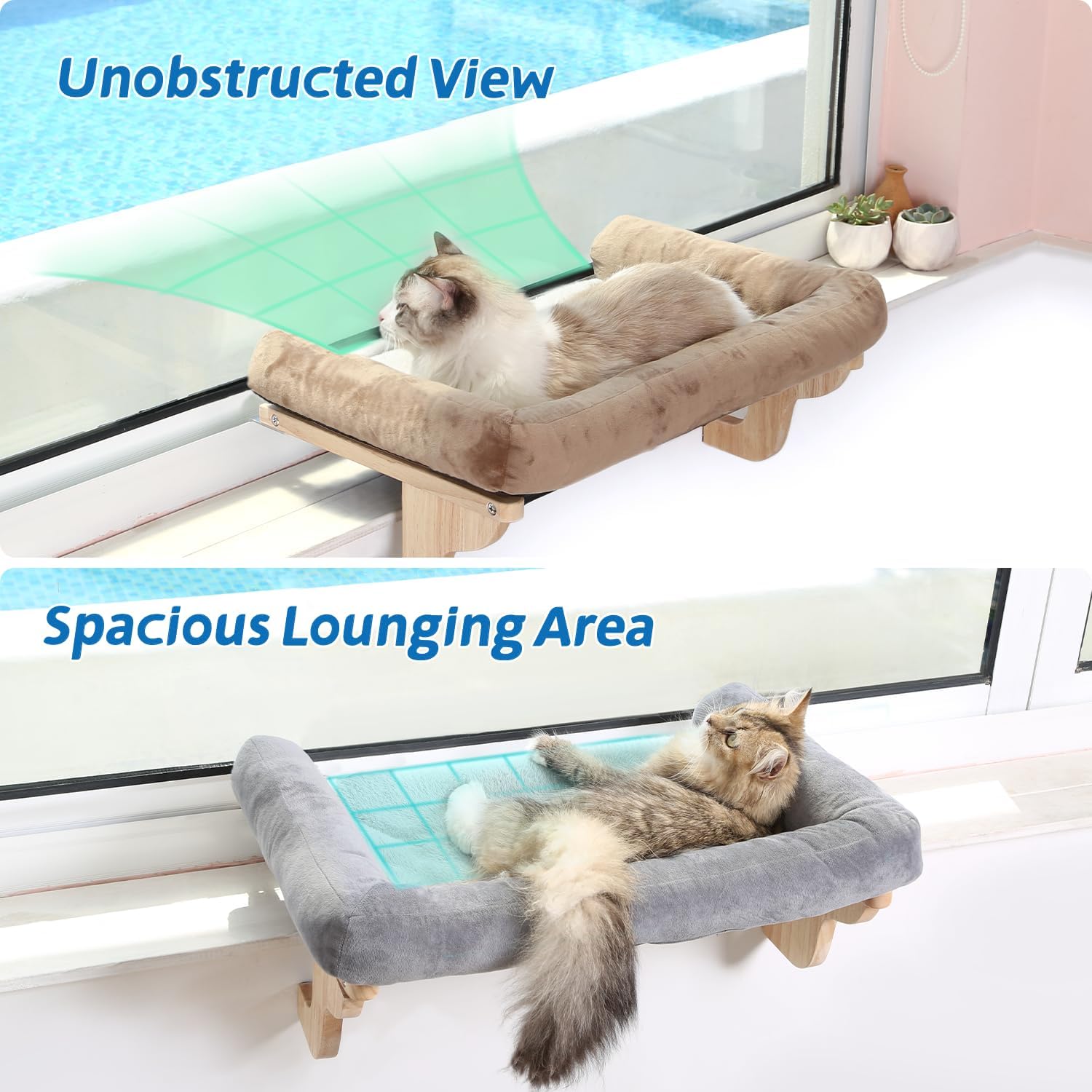 Zakkart Cat Perch for Window Sill with Bolster - Orthopedic Hammock Design with Premium Hardwood & Robust Metal Frame - Cat Window Seat for Large Cats and Kittens - Natural Color Wood Gray Bed, 24''W - Image 2