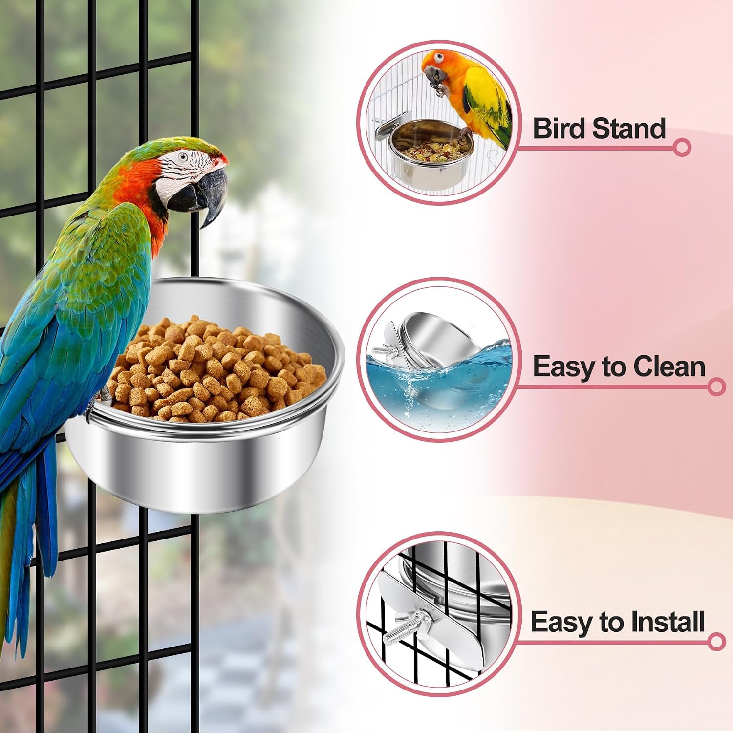 ToLanbbt 4 Pcs Stainless Steel Bird Food Bowls Bird Water Bowls with Clamp Holder, Parrot Feeding Dish Cups Parrot Cage Coop Feeders for Cockatiel Conure Budgie Parakeet Macaw Lovebird Small Animal, M - Image 4
