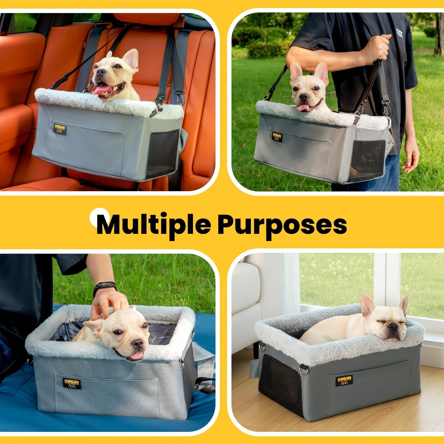 Conlun Dog Car Seat Booster | Steel Frame Anti-Collapse | Small Pet | Grey | Heavy-duty Oxford | Rigid Skeleton Stops Wobbling | Leash Prevents Escapes | Elevated Pet Booster for Calm Car Trips - Image 6