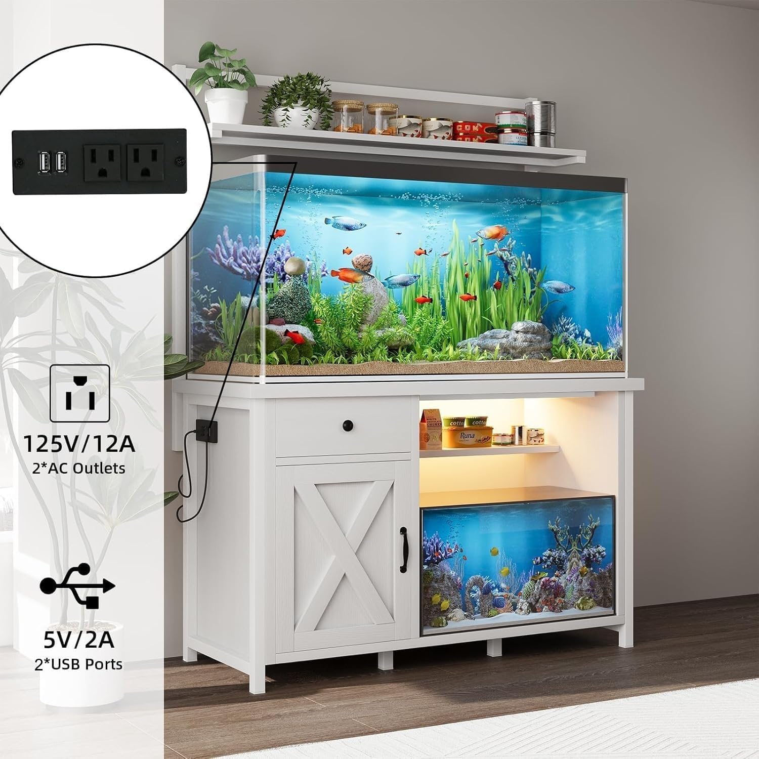 55-75 Gallon Fish Tank Stand with Power Outlet, Led Light, Heavy Duty Aquarium Stand with Cabinet for Fish Tank Accessories Storage, Shelf, for Turtle Tank, Reptile Terrarium, 1100 LBS (White) - Image 4