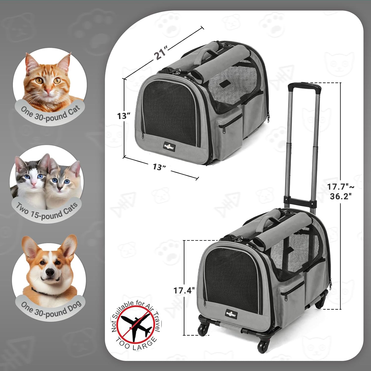 Large Pet Carrier with Wheels, Foldable Rolling Dog Carrier with Big Pocket, Cat Rolling Bag 21"x13"x13" for 2 Cats &Dogs, for Travel, Outdoor, Vet Visits, Camping, Indoor. Gray. (Not for Airline) - Image 2