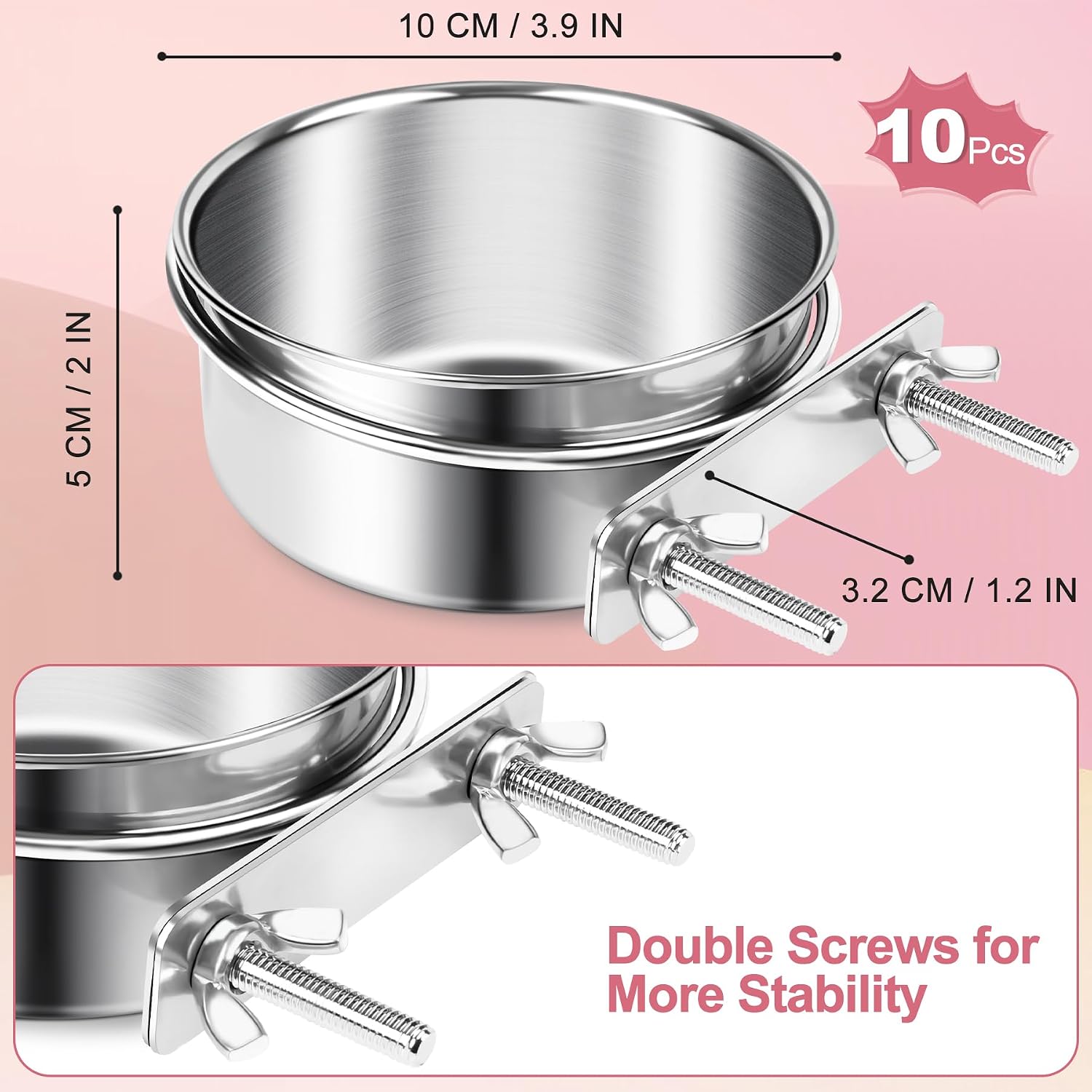 ToLanbbt 10 Pcs Stainless Steel Bird Food Bowls Water with Double Screws and Clamp Holders, Parrot Feeding Dish Cups Parrot Cage Coop Feeders for Cockatiel Conure Budgie Parakeet Macaw Small Animal, S - Image 2