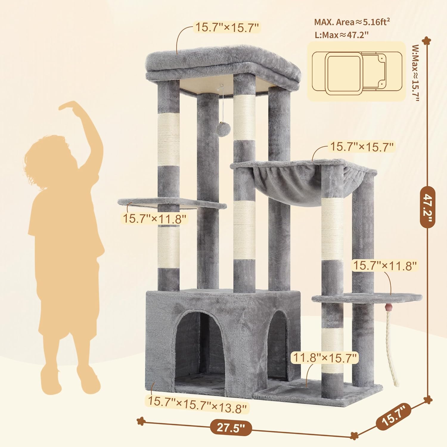 Heybly Heavy Duty Cat Tree, Tower for Indoor Cats Large Adult, Tall Cat Condo House with Extra-Large Baseboard, Multi-Level Plush Furniture with Scratching Posts, Hammock,Toy Balls,Light Gray HCT026W - Image 6