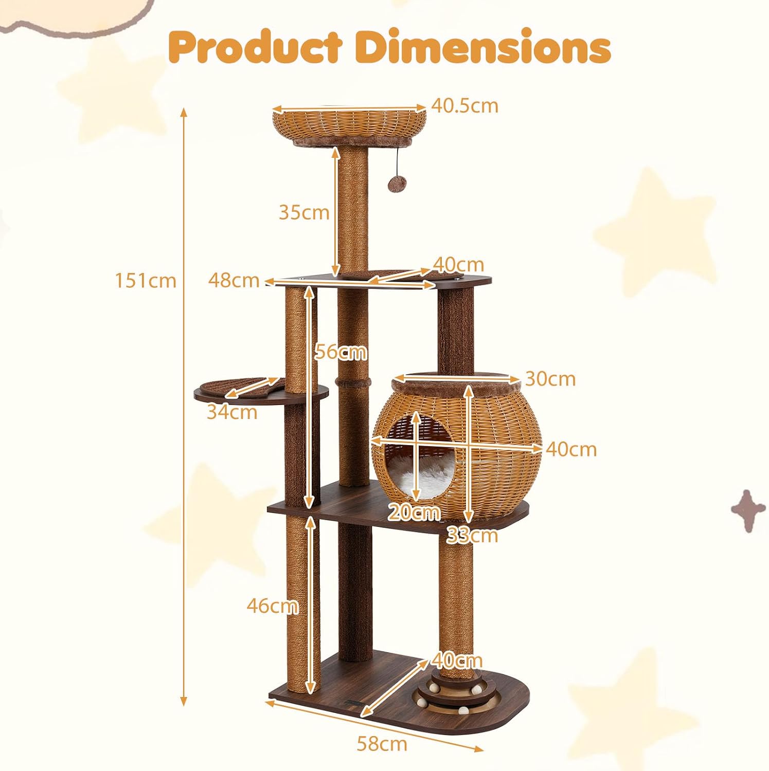 PETSITE 59.5-inch Tall PE Rattan Cat Tree, Multi-Level Modern Wooden Cat Tower with Sisal Scratching Posts, Ball Track Toy, Comfy Condo with Removable Soft Pads, and Hanging Ball, Ideal for Indoor Cat - Image 9