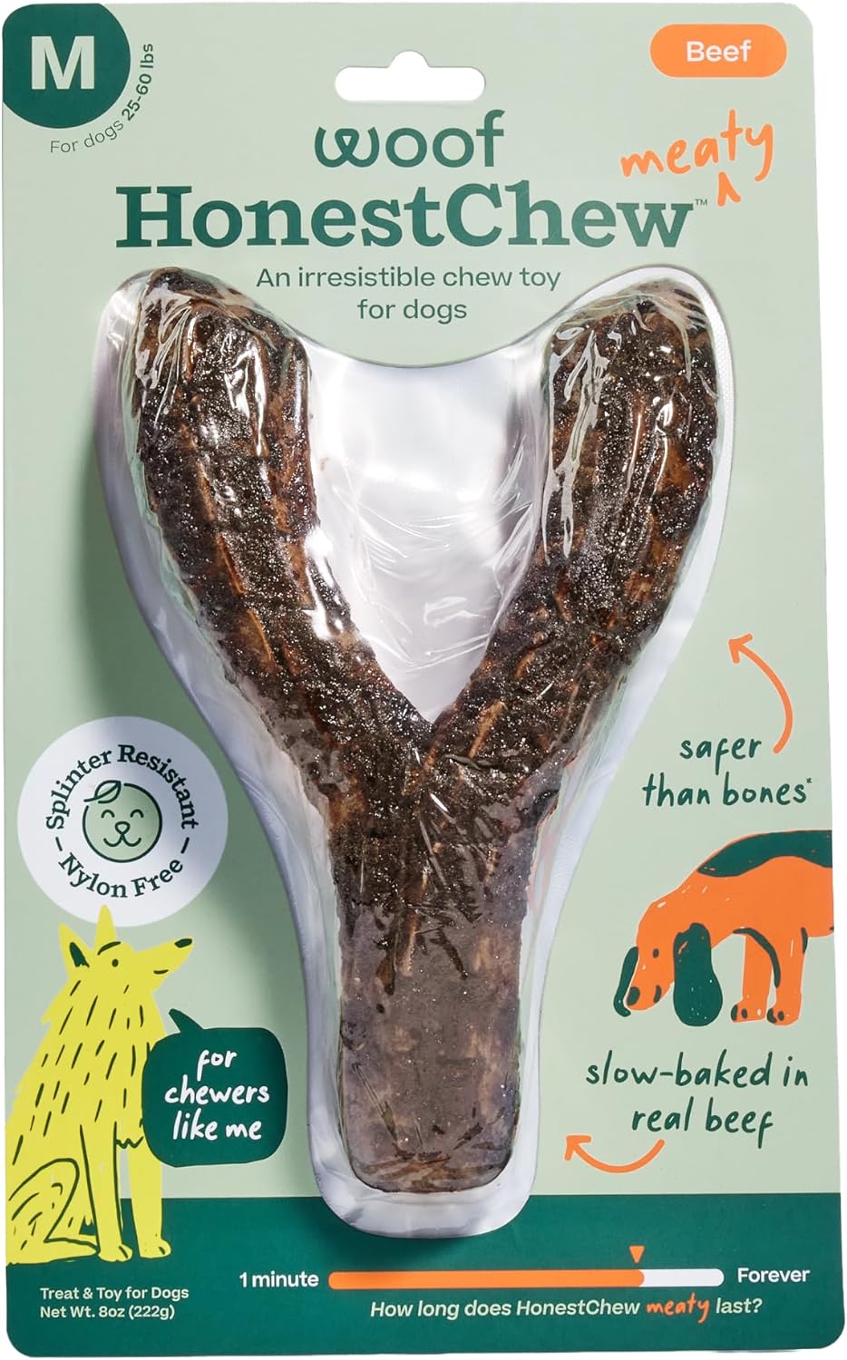 WOOF HonestChew Meaty Y-Gnawt Dog Chew Toy for Dogs 25-60 lbs | For small dogs, plant-based materials, splinter-resistant, beef covering, durable chew, supports dental care