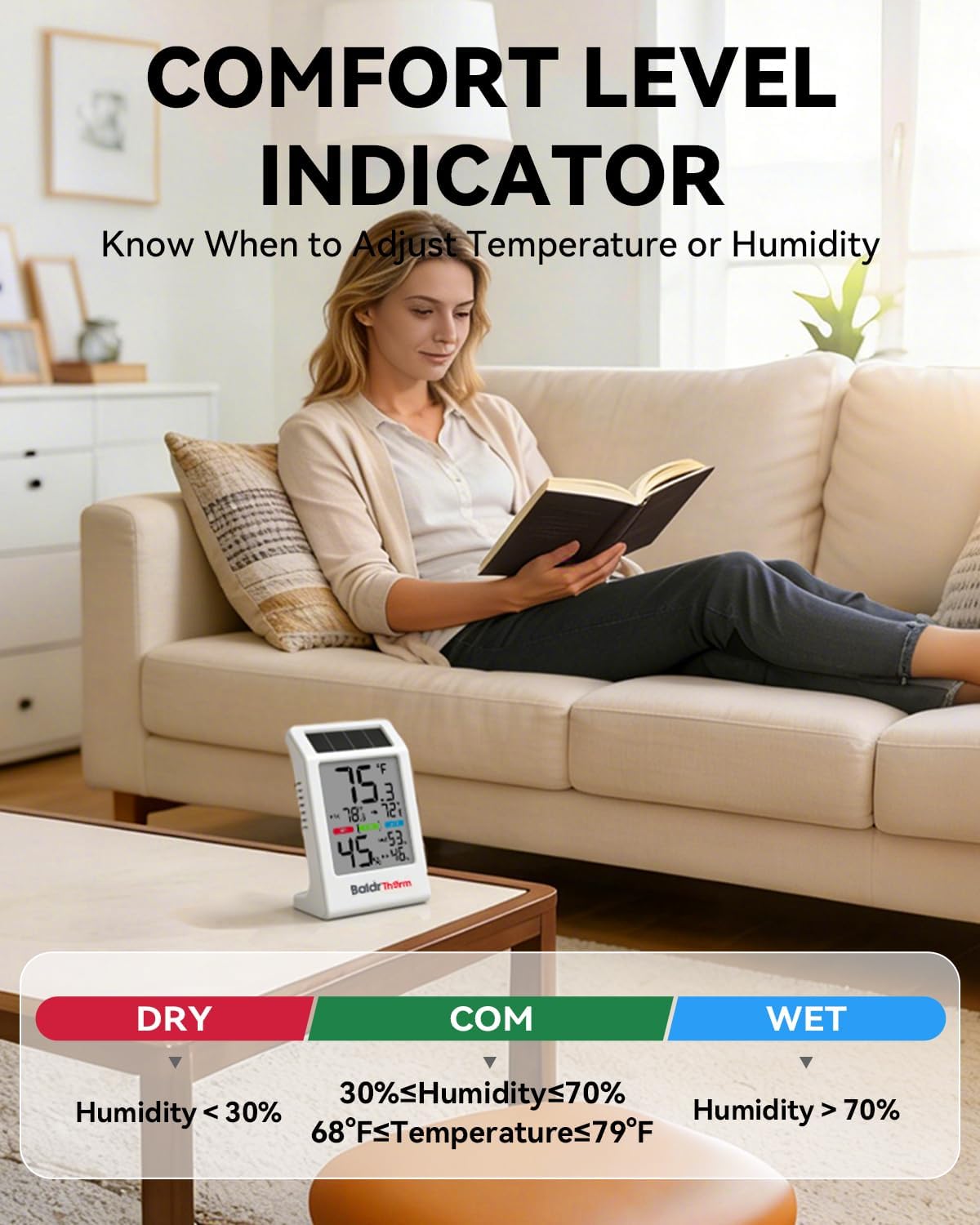 BALDR Indoor Thermometer Hygrometer, Solar Power with Battery Backup, Large Display, Daily Max/Min & Comfort Indicator Humidity Meter - Image 6