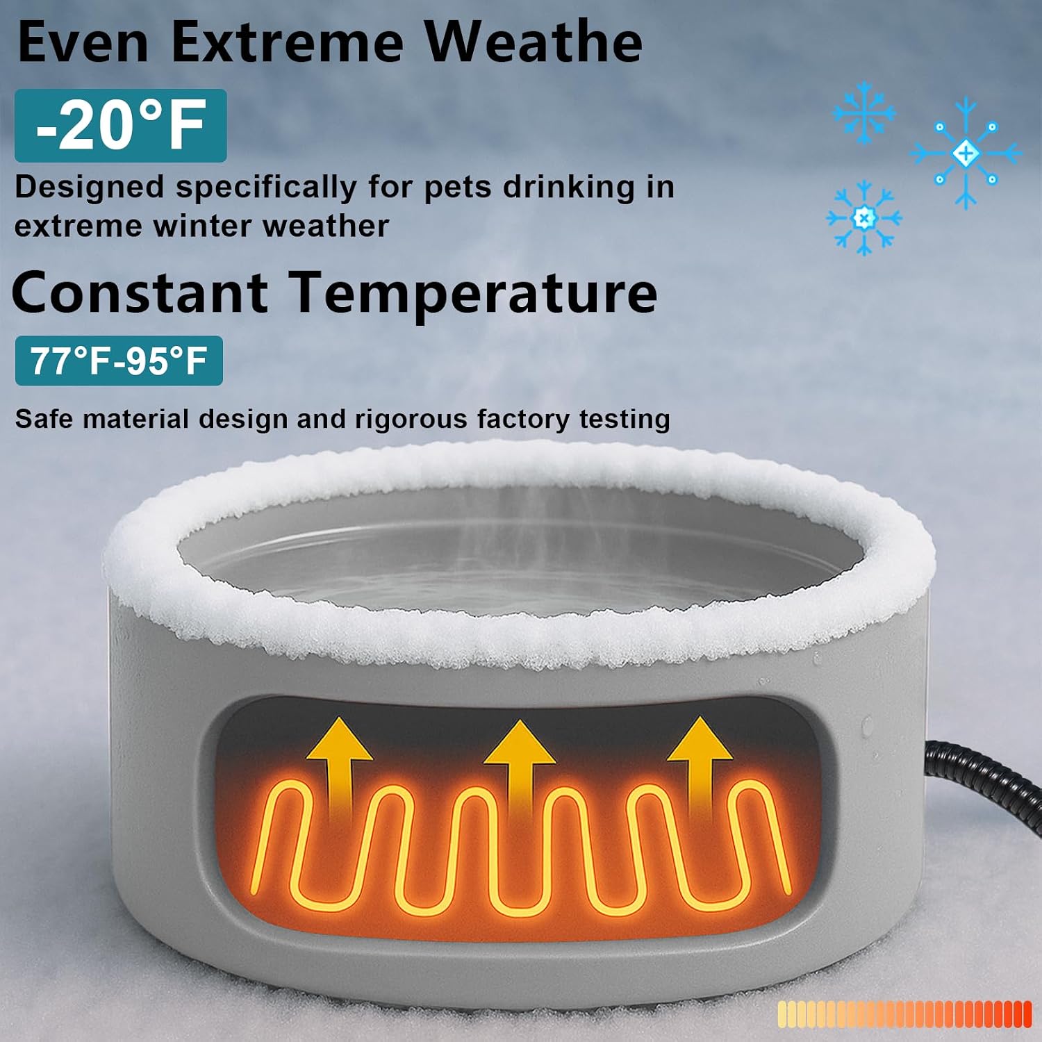 Pet Heated Bowl for Dog,Cat Warming Water Bowl with Chew Resistant Power Cord, Outdoor Waterproof Smart Uniform Heating for Small Animals Bird Chicken Rabbit Duck (108 fl oz, Grey) - Image 3