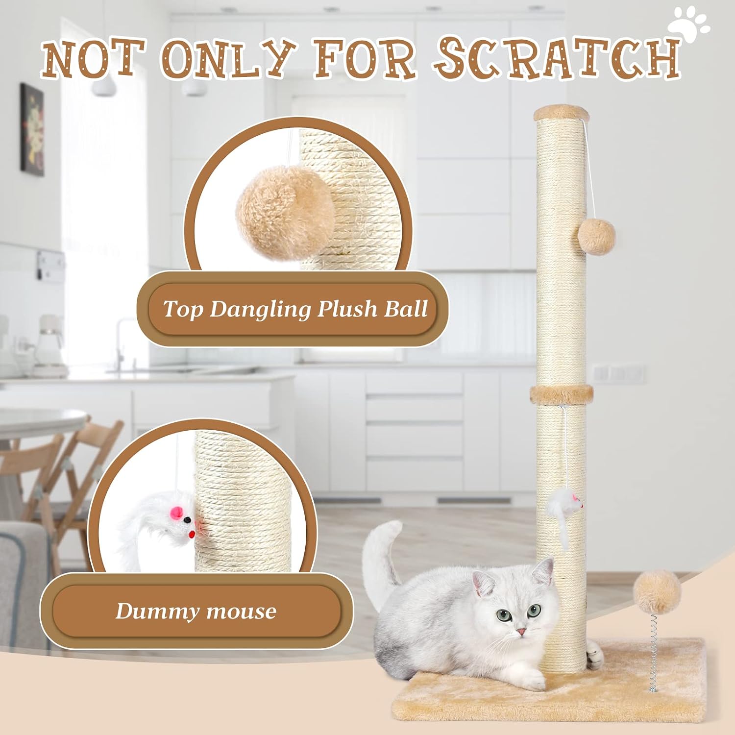 ANWA 32" Tall Cat Scratching Posts for Indoor Cats, 3-in-1 Vertical Cat Scratching Post with Plush Toys, Premium Sisal Post for Cats at All Ages with Reinforced Stable Base, Beige - Image 4