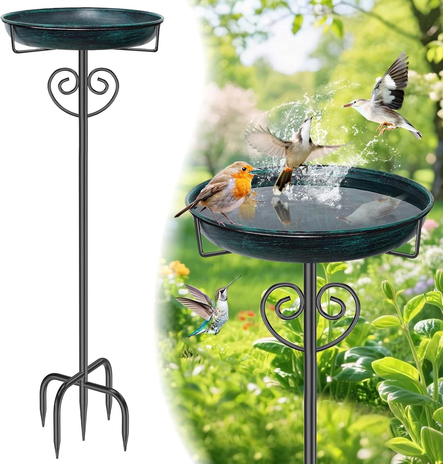 Bird Bath for Outside,Freestanding Garden Birdbaths,Vintage Green | 2" Deep Removable Water Bowl,40" Tall Birdfeeder,Sturdy Metal Stake,Easy Cleaning,Weather Resistant,Yard Lawn Patio Decor