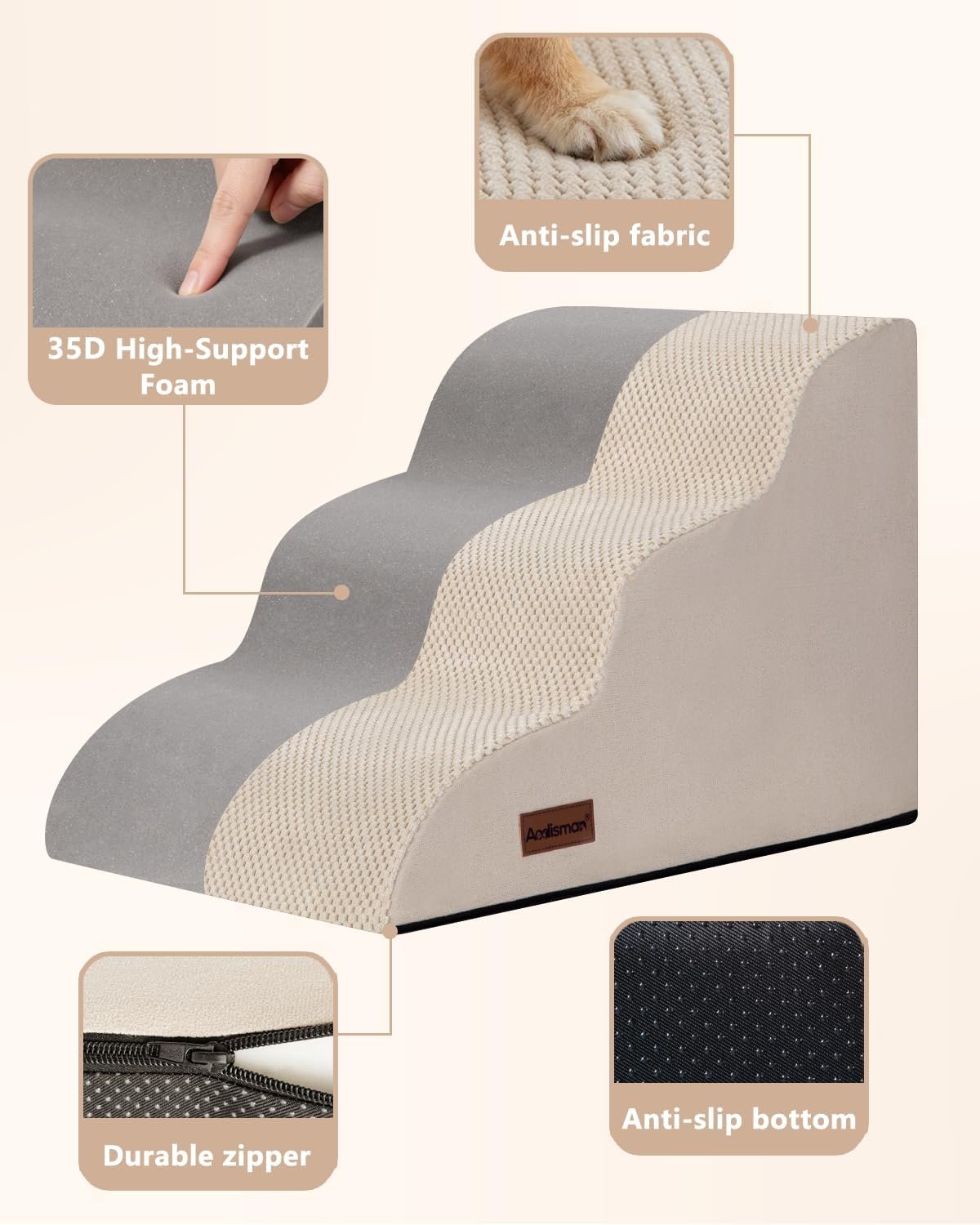Aodisman Dog Stairs for Small Dogs,3 Step Dog Ramp for Couch,Non-Slip Steps | Pet stairs help small dogs, old cats, and puppies reach couches and chairs easily, durable indoor dog steps,15.4" H,Beige - Image 6