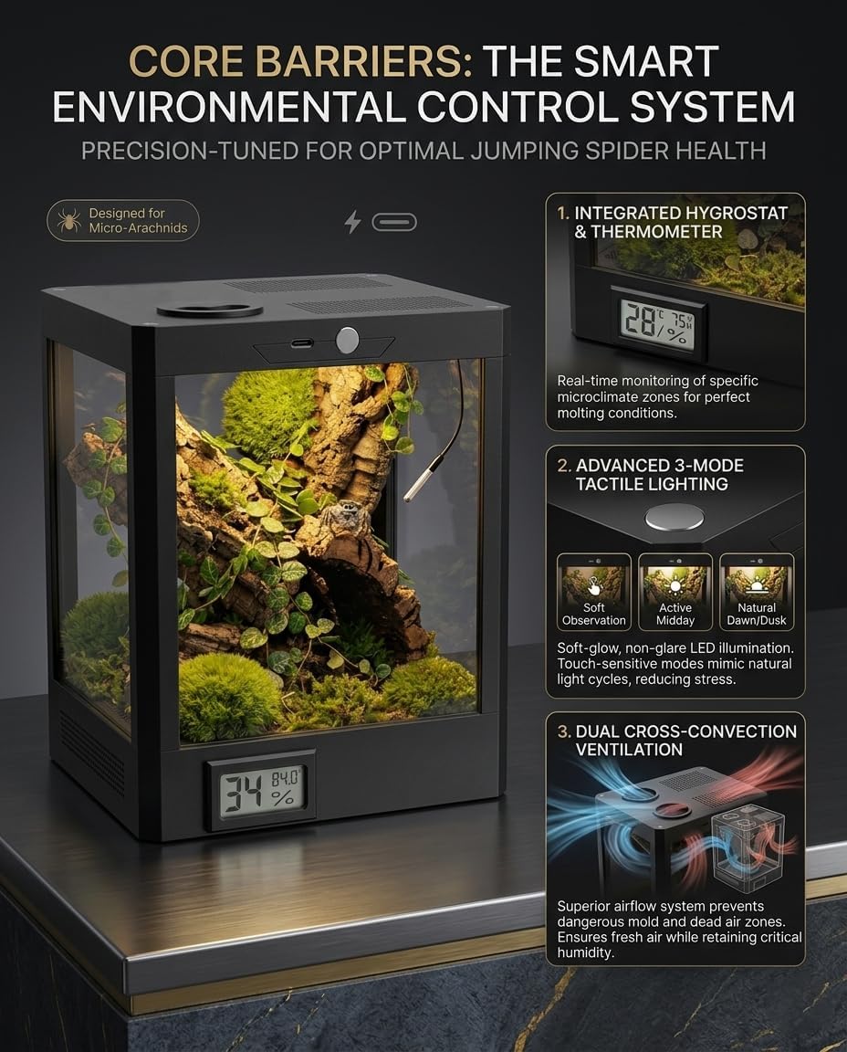 Smart Jumping Spider Terrarium with LED Light & Temp Humidity Monitor – Micro-Jungle Reptile Enclosure, Vertical Desktop Rainforest Ecosystem Display Decor - Image 2