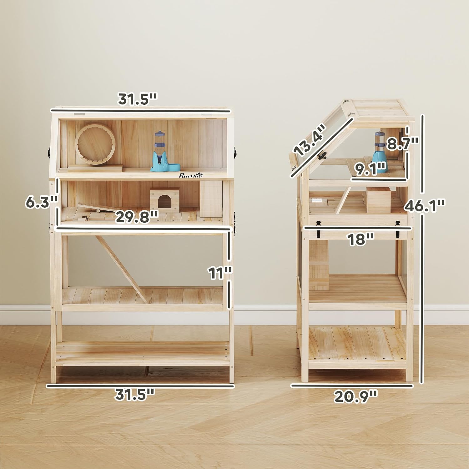 PawHut Wooden Hamster Cage, 3 Tier Small Animal Cage with Detachable Lower Floor, Storage Shelf, Hut, Seesaw, Exercise Wheel, Ramps, Hamster Habitat for Dwarf, Gerbil, 31.5" x 21" x 46" - Image 7