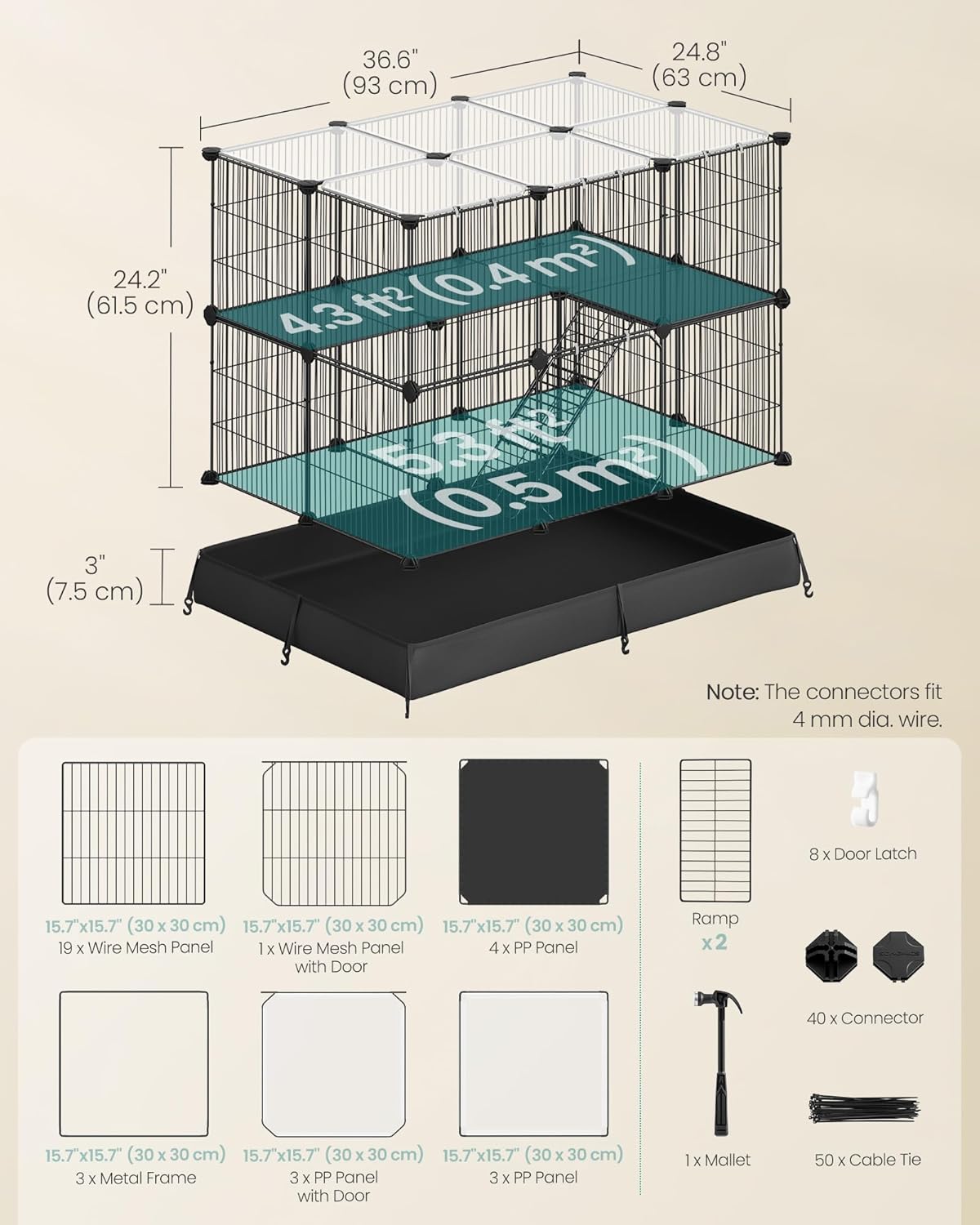 SONGMICS 2-Tier Guinea Pig Cage, Rabbit Cage, Small Animal Playpen with Waterproof Mat, Top and Side Door, 35 Panels, 36.6 x 24.8 x 24.2 Inches, Ink Black ULPI016BH01 - Image 5