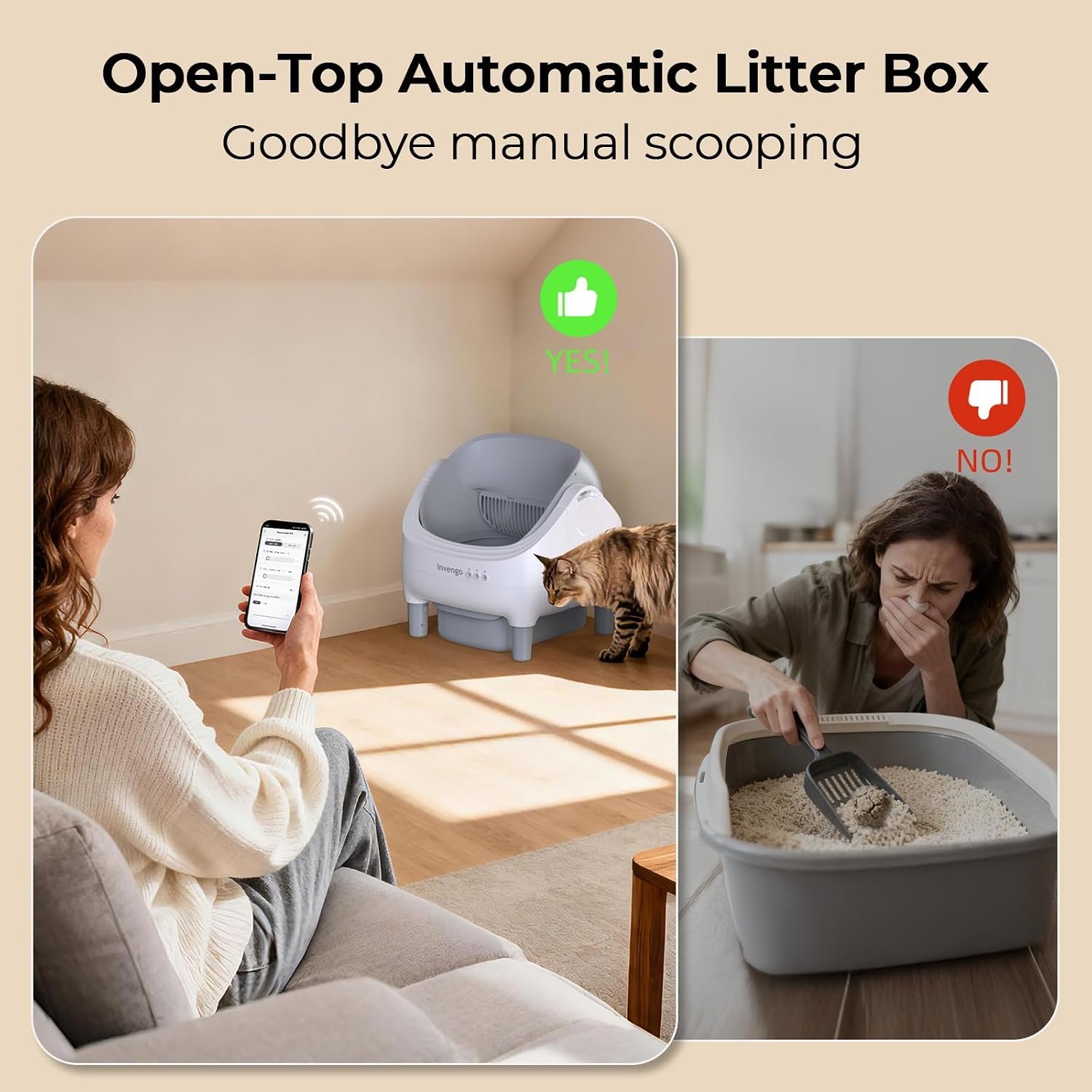 Invengo Automatic Cat Litter Box Self Cleaning, App Control, Open-Top Automatic Litter Box with Safety Sensors, Ultra-Quiet, 10.5L Waste Bin with Odor Control, 2 Rolls of Garbage Bags, LightGrey - Image 3