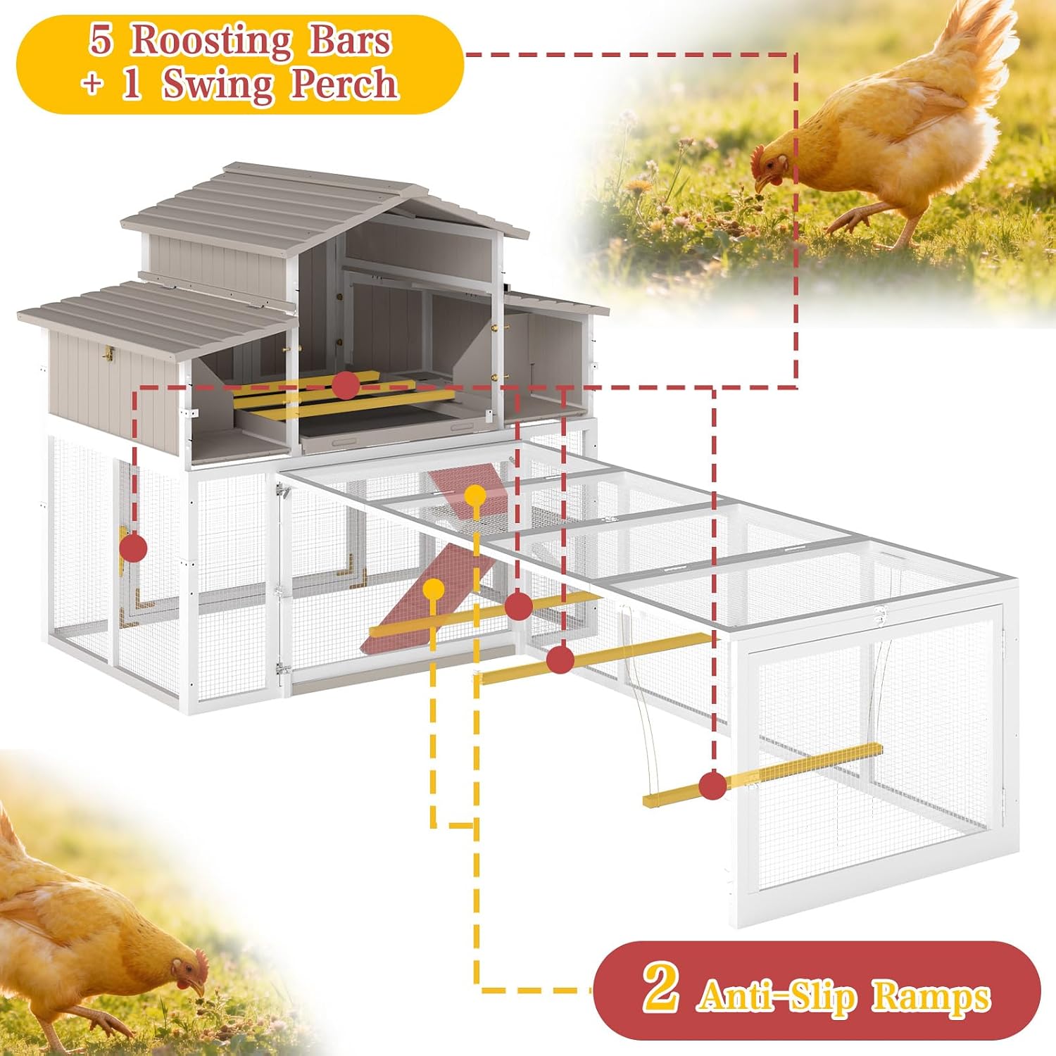 Large Chicken Coop and Run, Wooden Hen House with 4 Sectionable Nesting Boxes, Poultry Duck House for 4-10 Chickens with 5 Perches, Pull-Out Tray and Ramp, Grey - Image 6