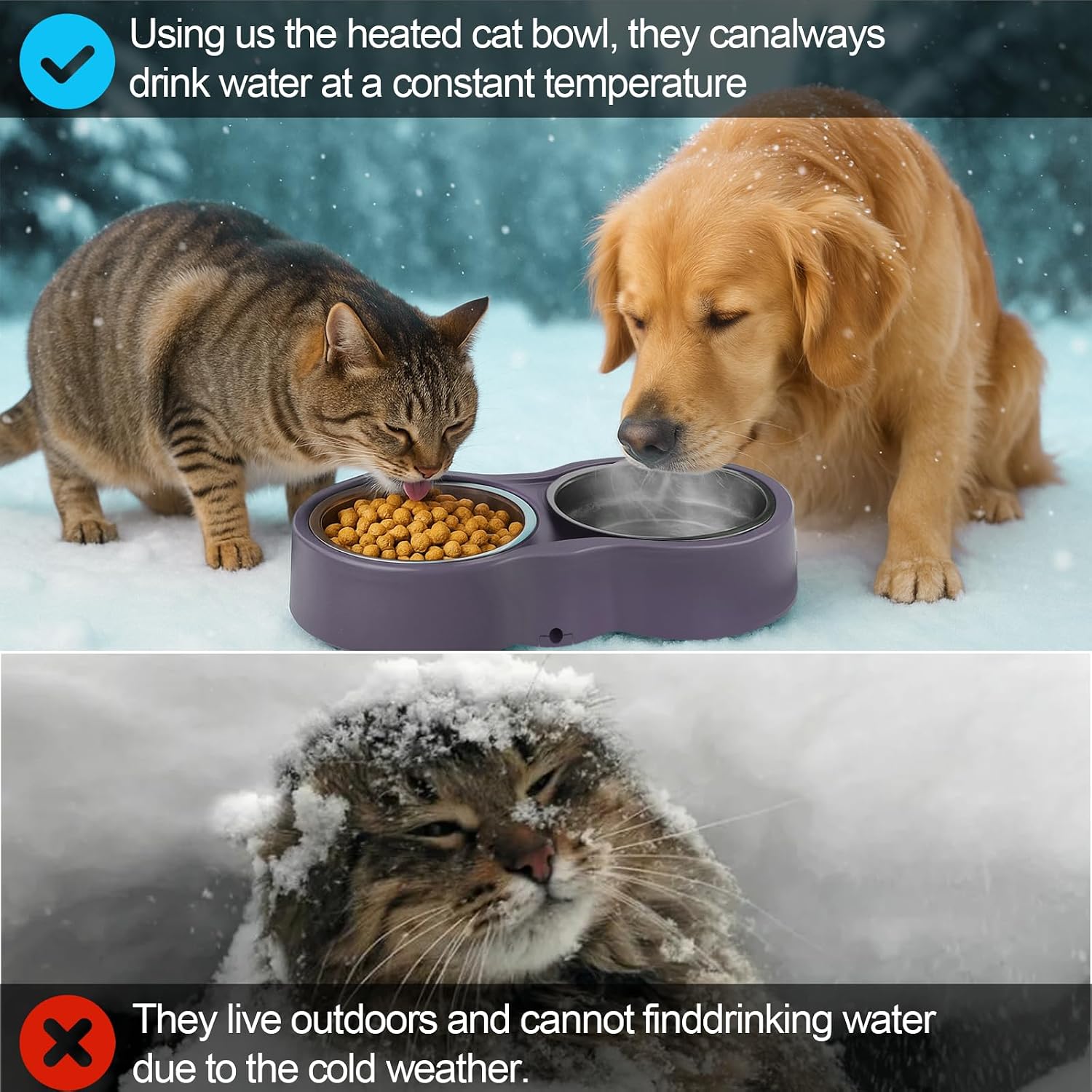 Pet Heated Bowl for Cat Dog, Freeze-Proof Warming Animal Food Feeder with Anti-Chew Cord,Waterproof & Thermostat Heating Bowls Removeable, (2 x 23 fl oz, Purple) - Image 5
