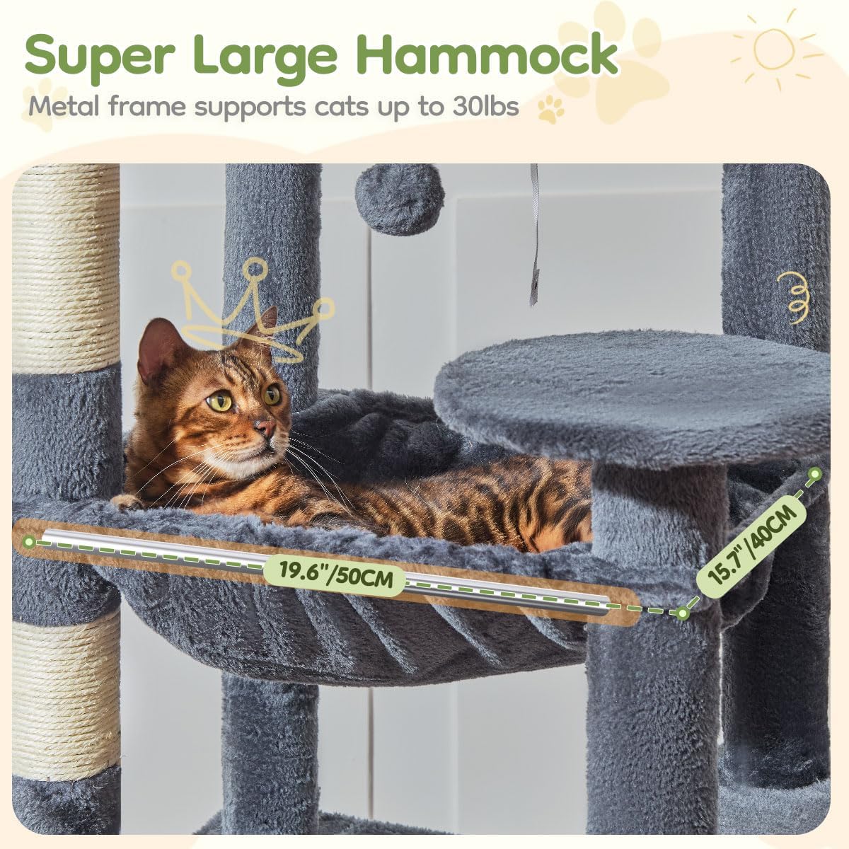 Taoqimiao 72 Inches Cat Tree for Large Cats, Multi-Level Tall Cat Tower, Widened Cat Condo with Large Scratch Board, 5 Scratching Posts, Metal Hammcock, Cozy Basket, Smoky Gray, MS045G - Image 5