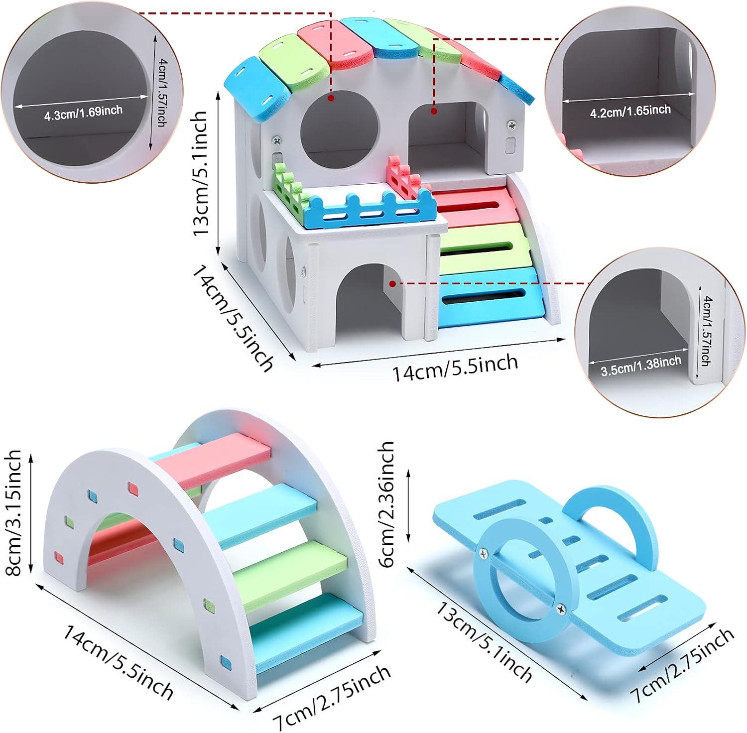 3 Pieces Fun Hamster Guinea Pig Hideout Kit Include PVC Hamster House, Rainbow Bridge, Seesaw DIY Exercise Playhouse for Rats Mouse Small Animals(Small,Rainbow Color) - Image 2