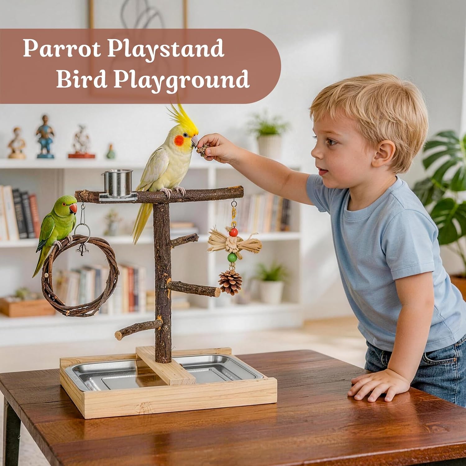 Bird Playground,Natural Wooden Parrot Play Stand with Swing,Chew Toys,Feeding Cups,Bird Perch Suitable for Small and Medium Birds Like Parakeets, Budgerigars,Cockatiels - Image 7