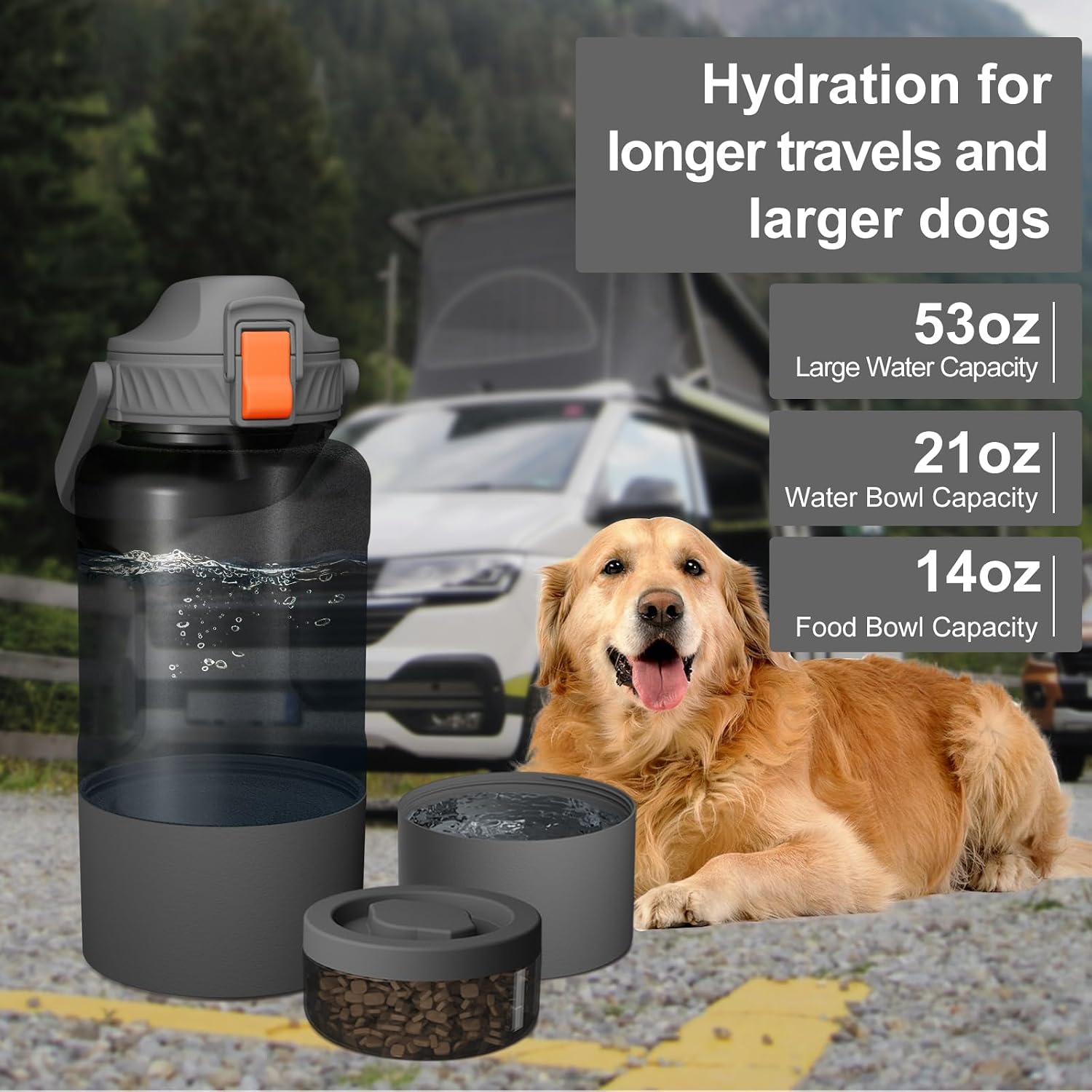 Cibaabo 53oz Large Dog Water Bottle for All Day Travel Feeding & Hydration | 14oz Food Container | 21oz Water Bowl | Leak-Proof Portable Pet Dispenser | for Dogs & Humans | for All Day Camping Car Trips - Image 2
