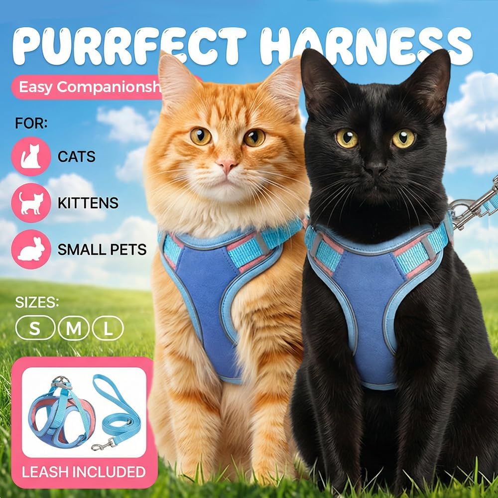 Cat Harness and Leash, Escape-Proof Cat Harness Set, Adjustable Step-in Pet Harness for Walking for Small Medium Dogs/Cats (Blue, M) - Image 2