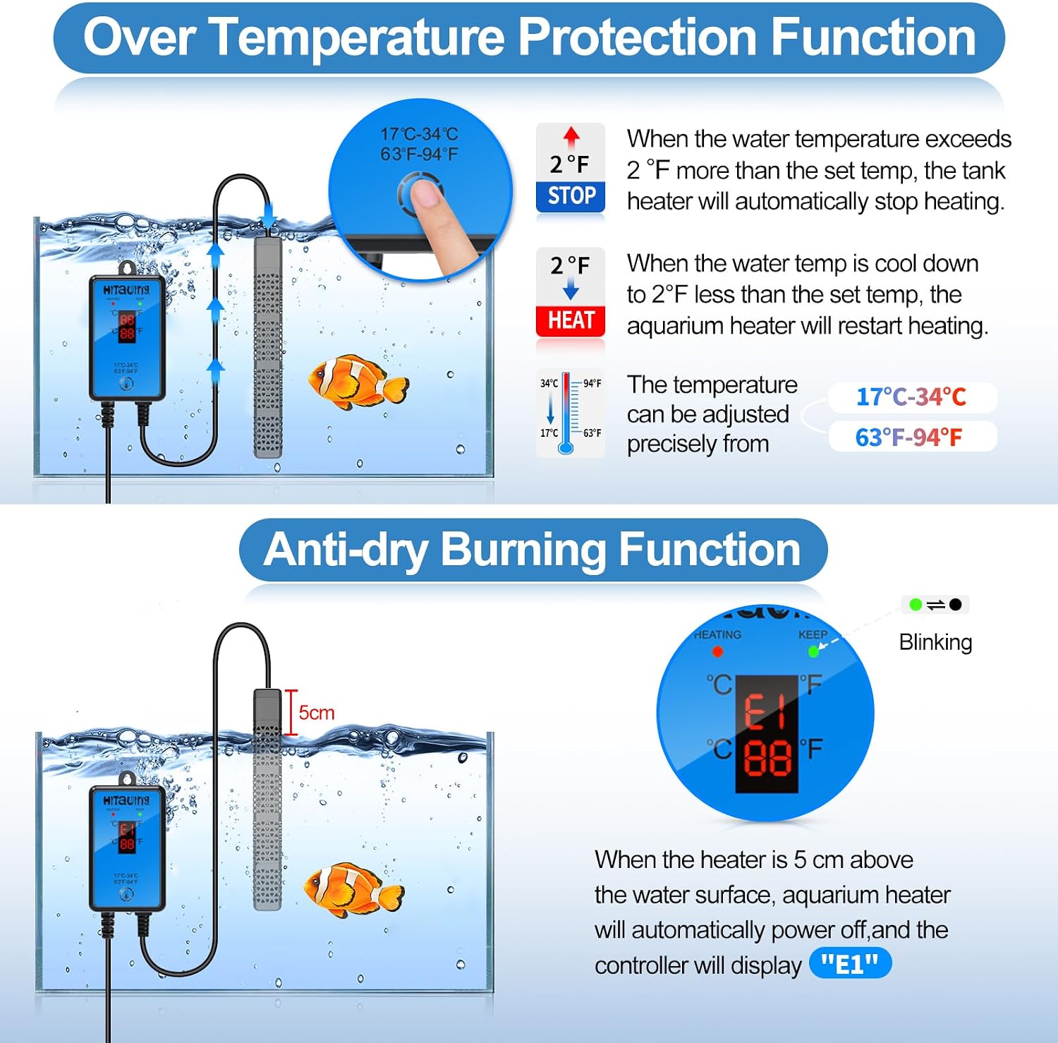 HiTauing Aquarium Heater, Upgraded 300W/500W Fish Tank Heater with Intelligent Leaving Water Automatically Stop Heating and Advanced Temperature Control System, Suitable for Saltwater and Freshwater - Image 3