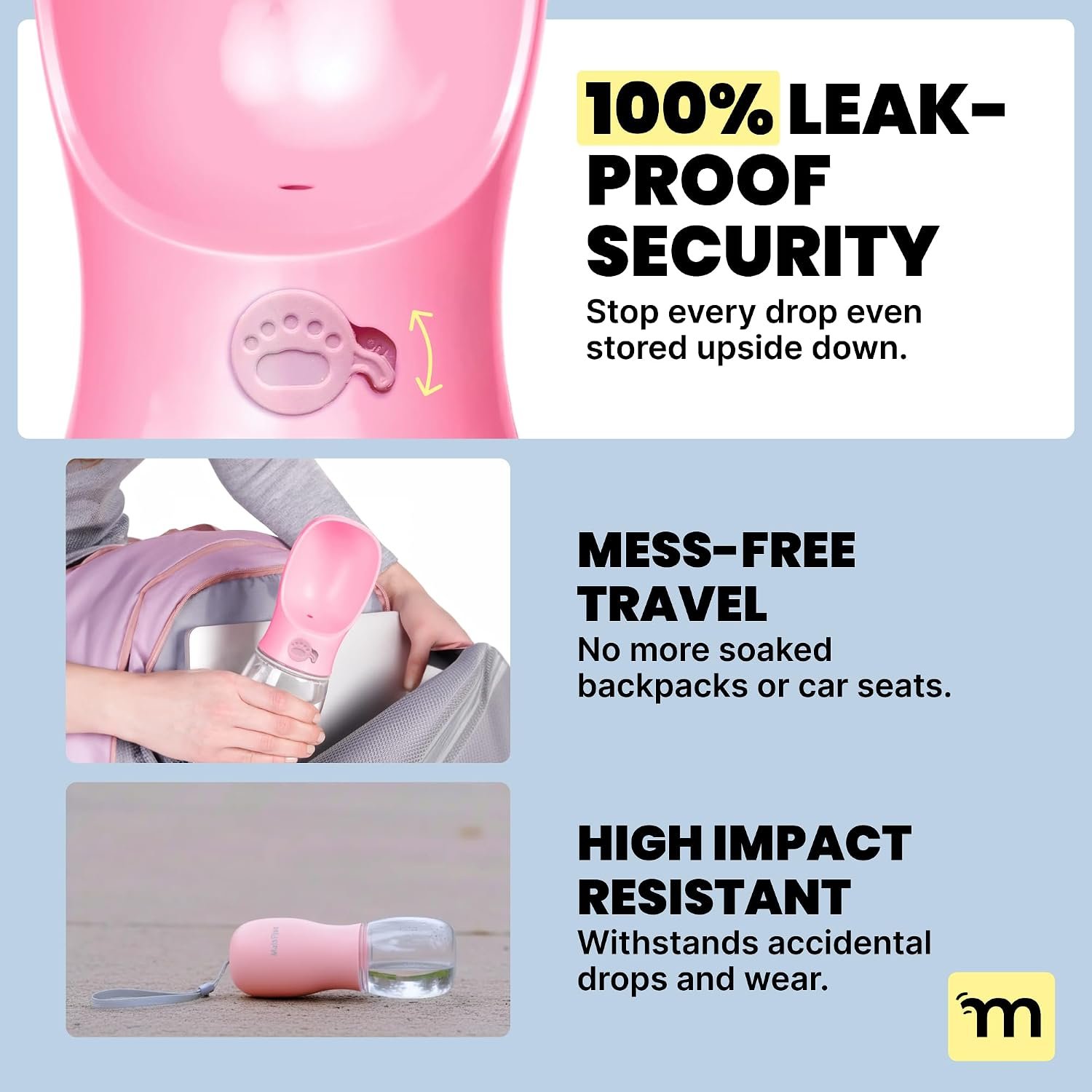 MalsiPree On the Go Dog Water Bottle - 12 oz Pink, Leak-Proof | 12oz leak-proof bottle & built-in bowl - one-hand use - Use for dog travel, hiking, park & beach days - Image 3