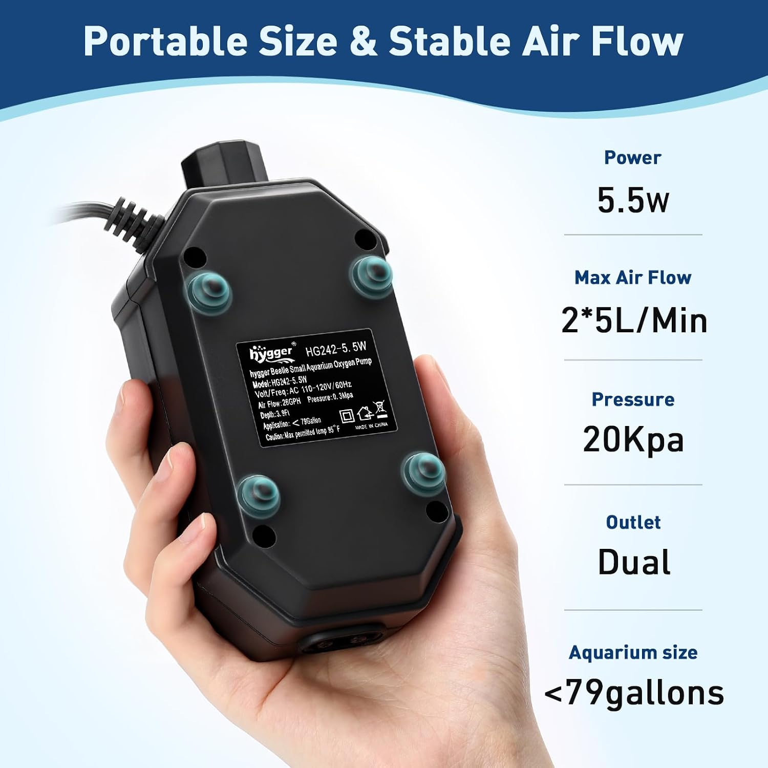 hygger Aquarium Air Pump, Ultra Quiet Oxygen Aerator with Air Stone Airline Tubing Check Valve, Aquarium Fish Tank Air Bubbler for 3 to 79 Gallon Tank and Bucket - Image 5