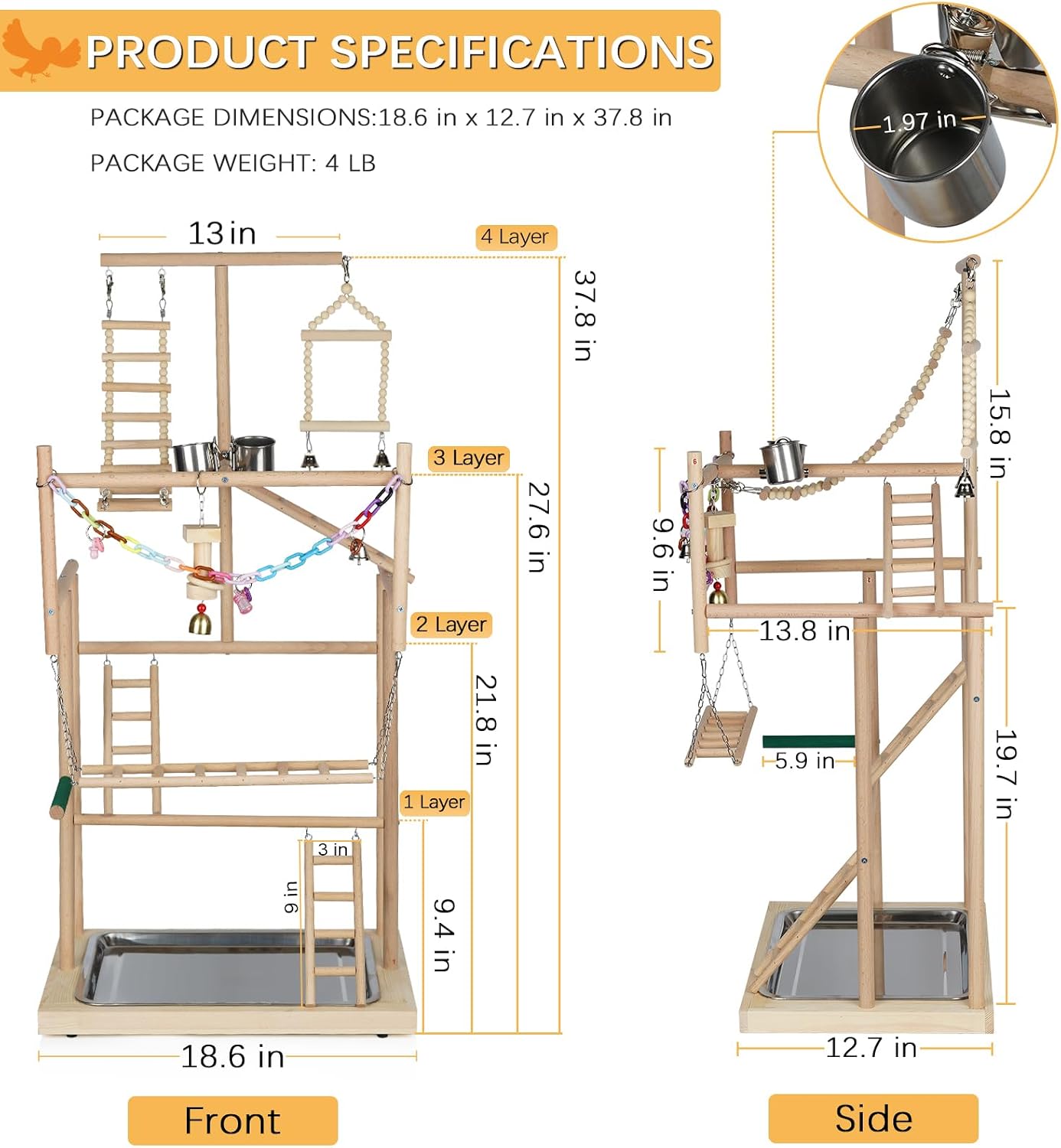 4 Layers Wood Pet Parrot Playstand | Bird Playground, Perch Gym Playpen, Ladder with Feeder Cups Bells, For Cockatiel Parakeet - Image 2