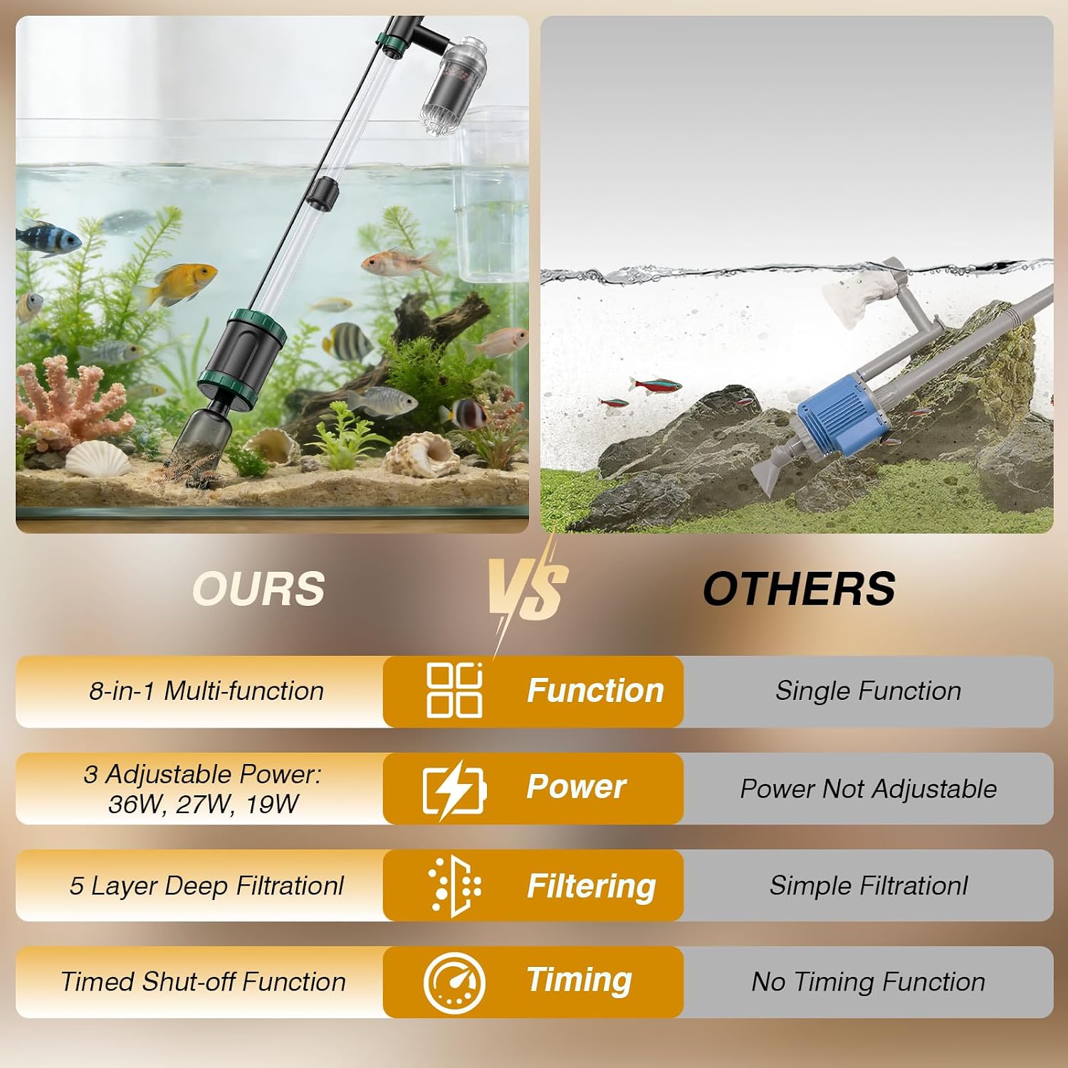 AKKEE Aquarium Vacuum Gravel Cleaner, 36W Electric Fish Tank Cleaner Vacuum, 8 in 1 Multifunctional Aquarium Cleaner for Automatic Water Change, Wash Sand, Water Circulation and Timed Off - Image 8