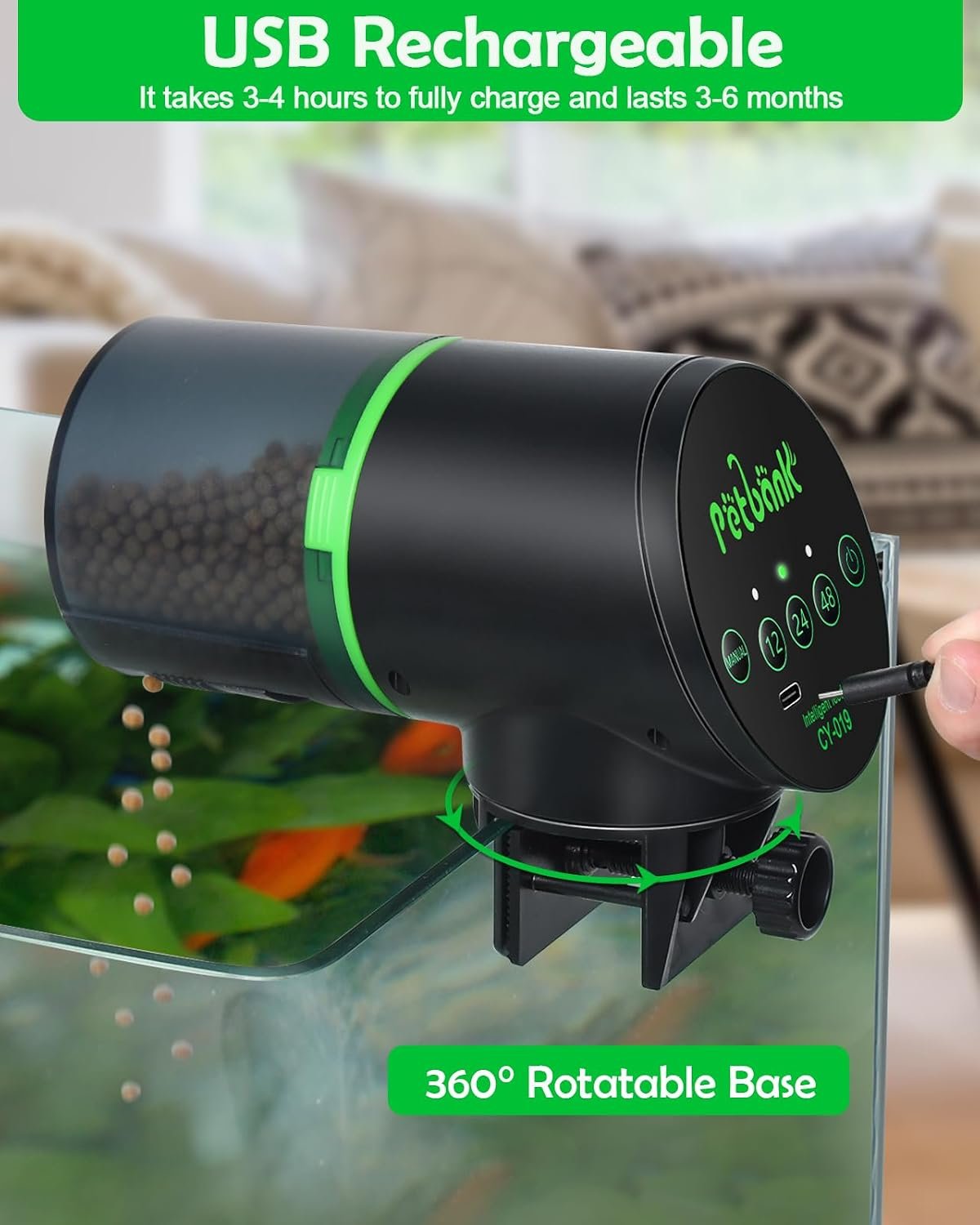 Automatic Fish Feeder for Aquarium - Auto Fish Food Dispenser Rechargeable for Small Large Tank with USB Charger Cable,12/24/48H Interval Esay Set Up (Black, CY-019) | 200ML USB-C Rechargeable Auto Food Dispenser for Flakes & Pellets, Vacation Feeding for Small Tank Betta Koi Turtle - Image 5